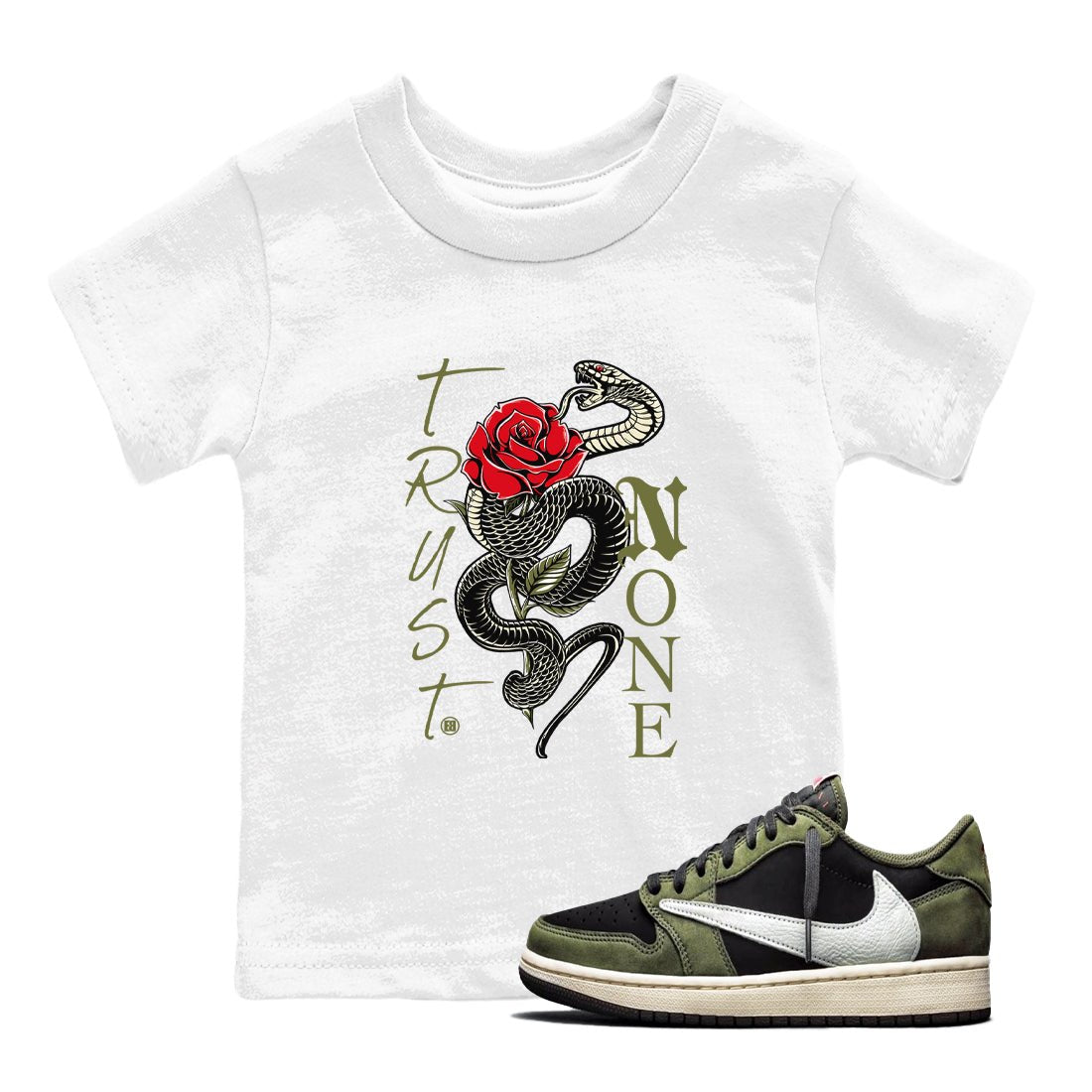 1s Travis Scott Medium Olive shirts to match jordans Trust None sneaker match tees Air Jordan 1 Travis Scott Medium Olive SNRT Sneaker Release Tees Youth Baby White 1 crew neck shirts