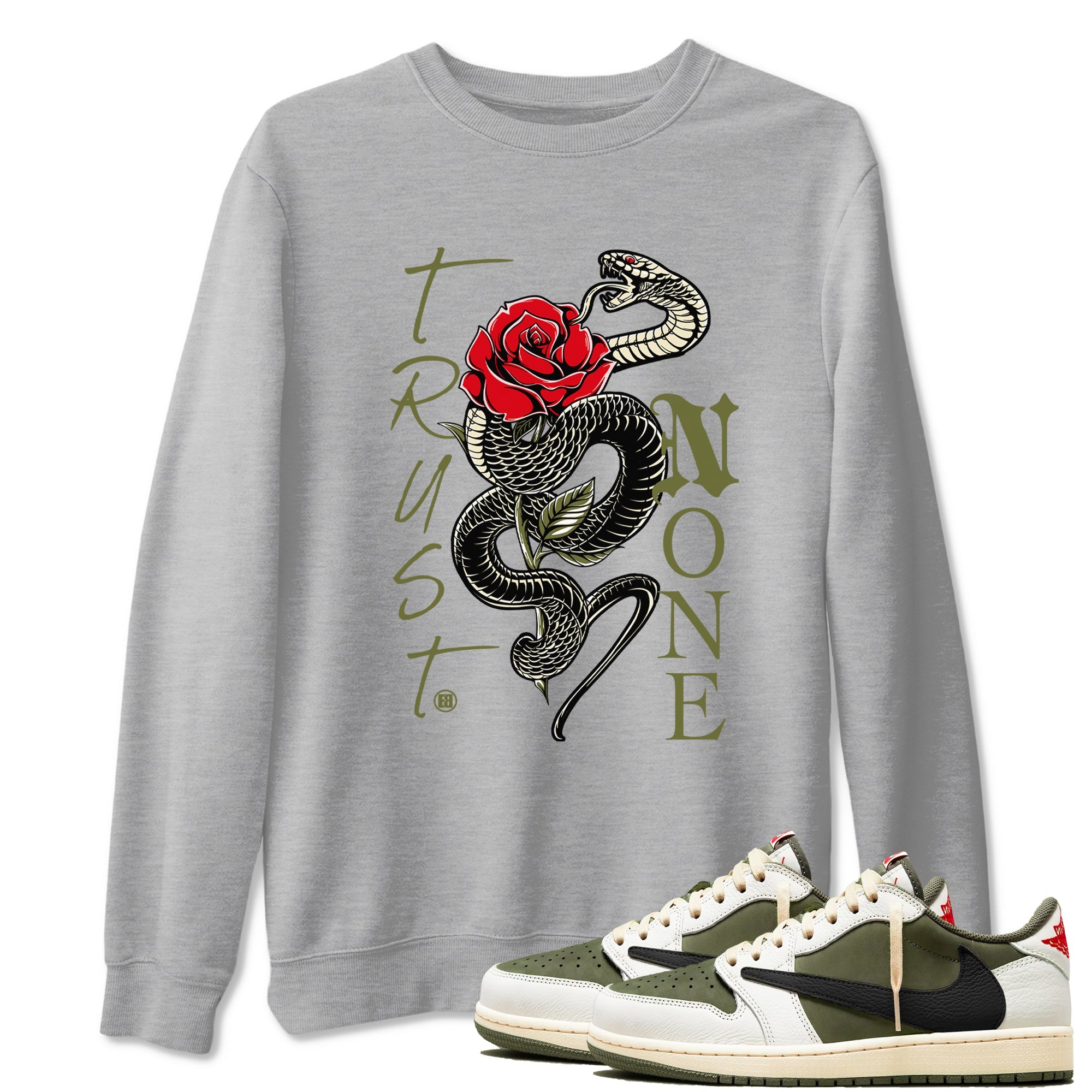 1s Travis Scott Medium Olive shirts to match jordans Trust None sneaker match tees Air Jordan 1 Travis Scott Medium Olive SNRT Sneaker Release Tees unisex cotton Heather Grey 1 crew neck shirts