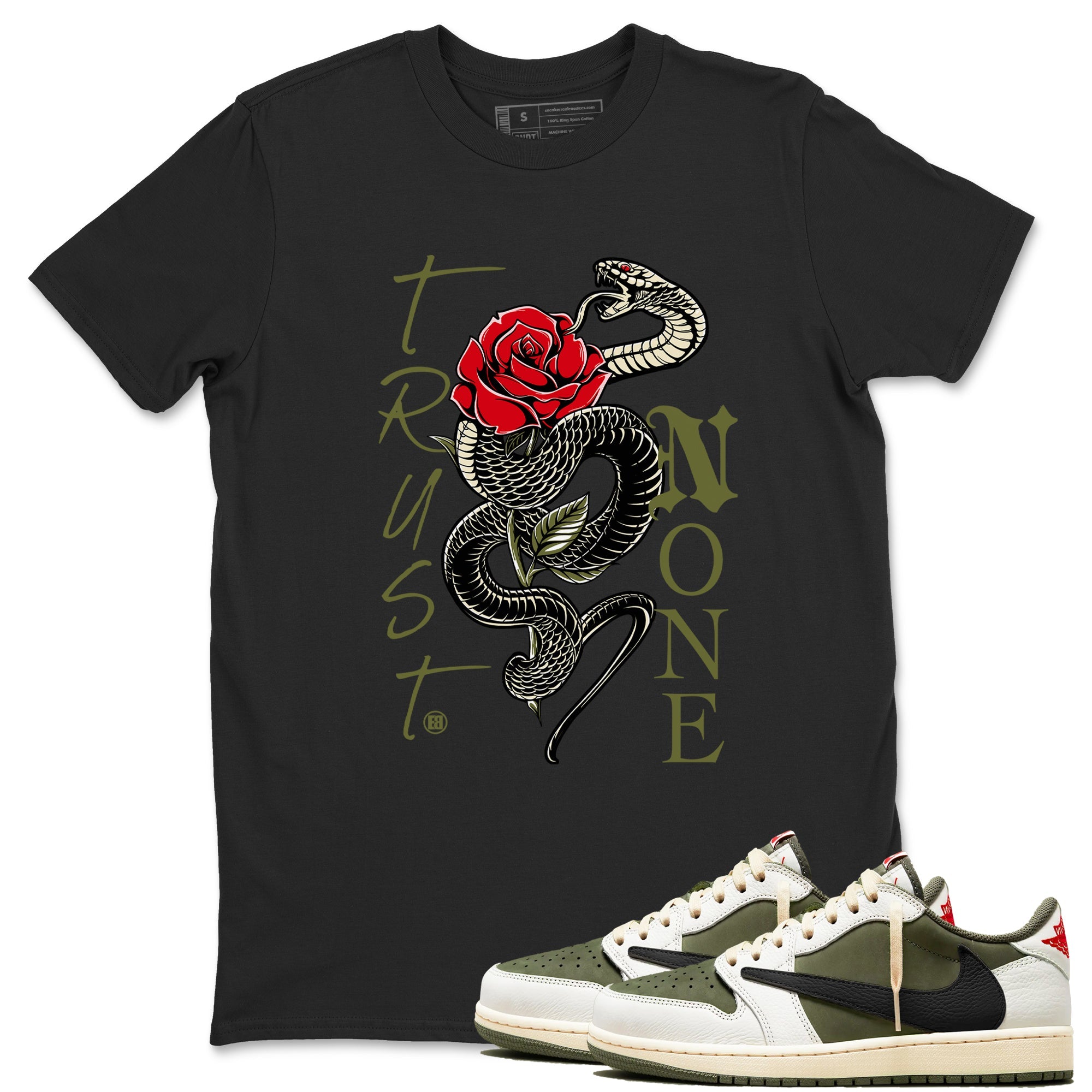 1s Travis Scott Medium Olive shirts to match jordans Trust None sneaker match tees Air Jordan 1 Travis Scott Medium Olive SNRT Sneaker Release Tees unisex cotton Black 1 crew neck shirts