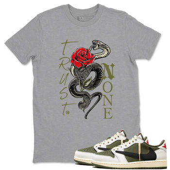 1s Travis Scott Medium Olive shirts to match jordans Trust None sneaker match tees Air Jordan 1 Travis Scott Medium Olive SNRT Sneaker Release Tees unisex cotton Heather Grey 1 crew neck shirts