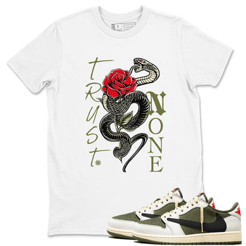 1s Travis Scott Medium Olive shirts to match jordans Trust None sneaker match tees Air Jordan 1 Travis Scott Medium Olive SNRT Sneaker Release Tees unisex cotton White 1 crew neck shirts