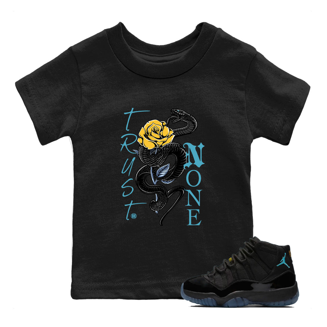 Sneaker match tees – Sneaker Tees To Match Air Jordan 11 Gamma Shoes – Trust None Kids T-Shirt Black 1