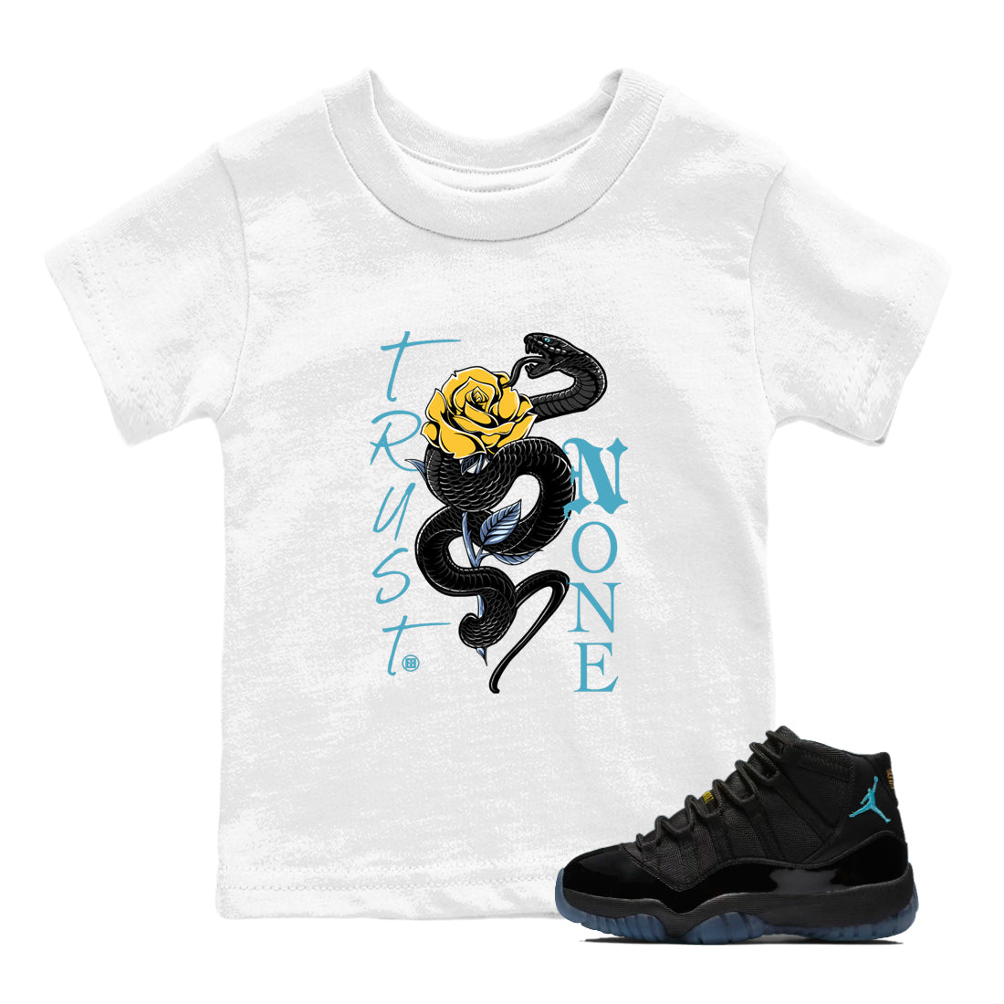Sneaker match tees – Sneaker Tees To Match Air Jordan 11 Gamma Shoes – Trust None Kids T-Shirt White 1