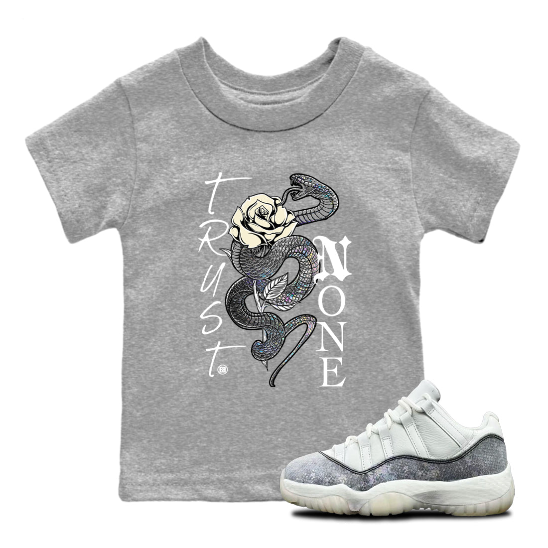 Jordan 11 Low Snake shirts to match jordans Trust None sneaker match tees Air Jordan 11 Year Of The Snake best t shirts to wear with jordans SNRT Sneaker Tees Youth Baby Heather Grey 1 tee