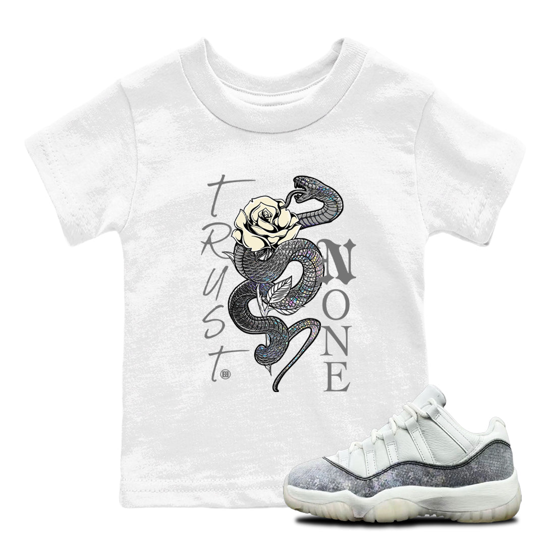 Jordan 11 Low Snake shirts to match jordans Trust None sneaker match tees Air Jordan 11 Year Of The Snake best t shirts to wear with jordans SNRT Sneaker Tees Youth Baby White 1 tee
