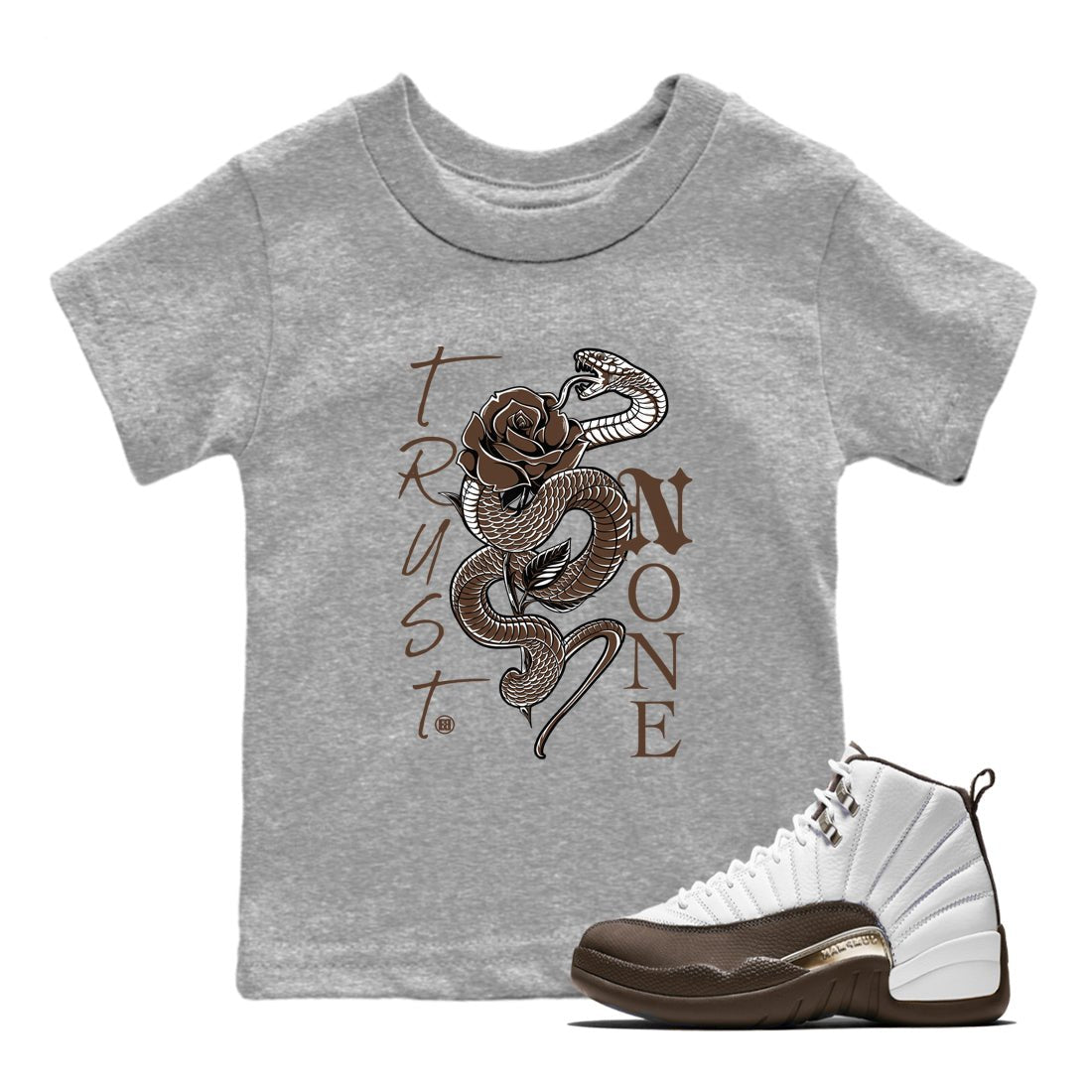 12s Baroque Brown shirts to match jordans Trust None sneaker match tees Air Jordan 12 Baroque Brown match shoes to clothes SNRT Sneaker Tees Youth Baby Heather Grey 1 tee