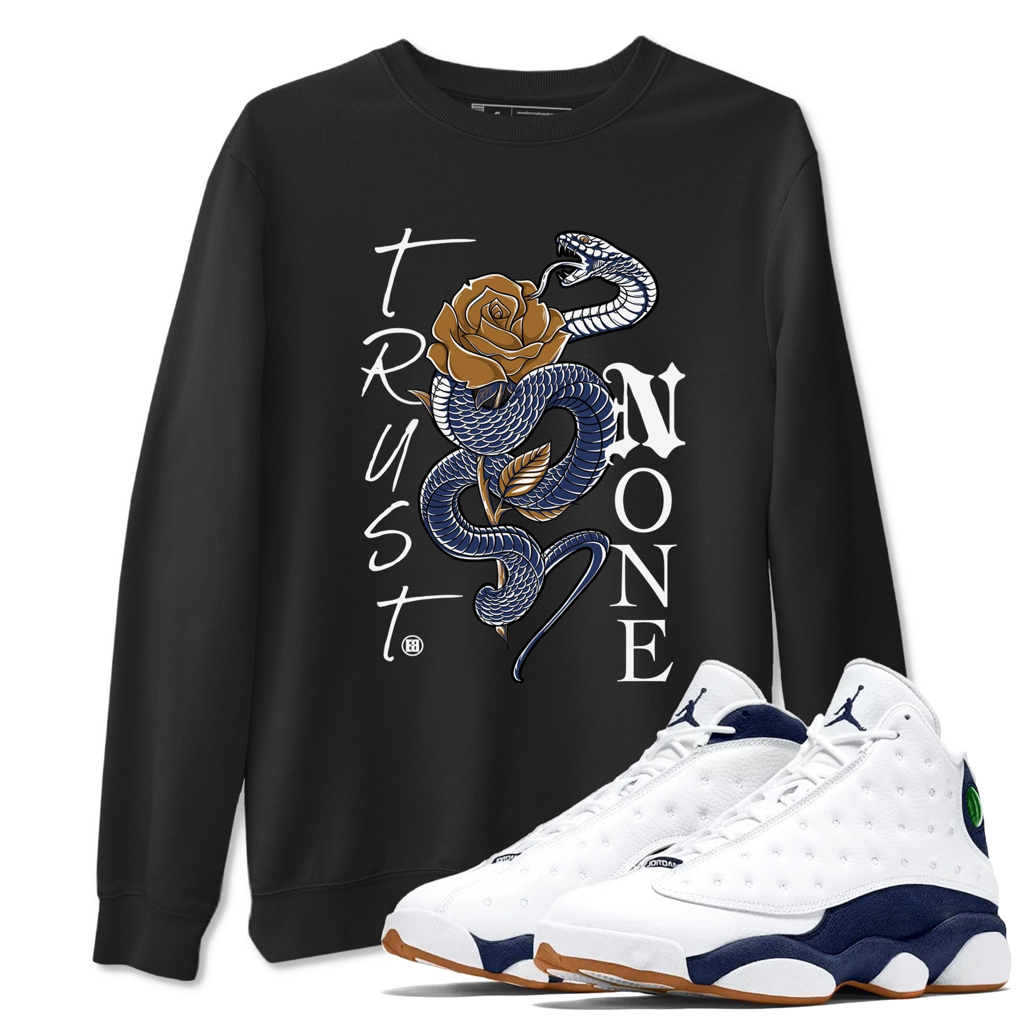 13s Midnight Navy shirts to match jordans Trust None sneaker match tees Air Jordan 13 Midnight Navy SNRT Sneaker Release Tees unisex cotton Black 1 crew neck shirts