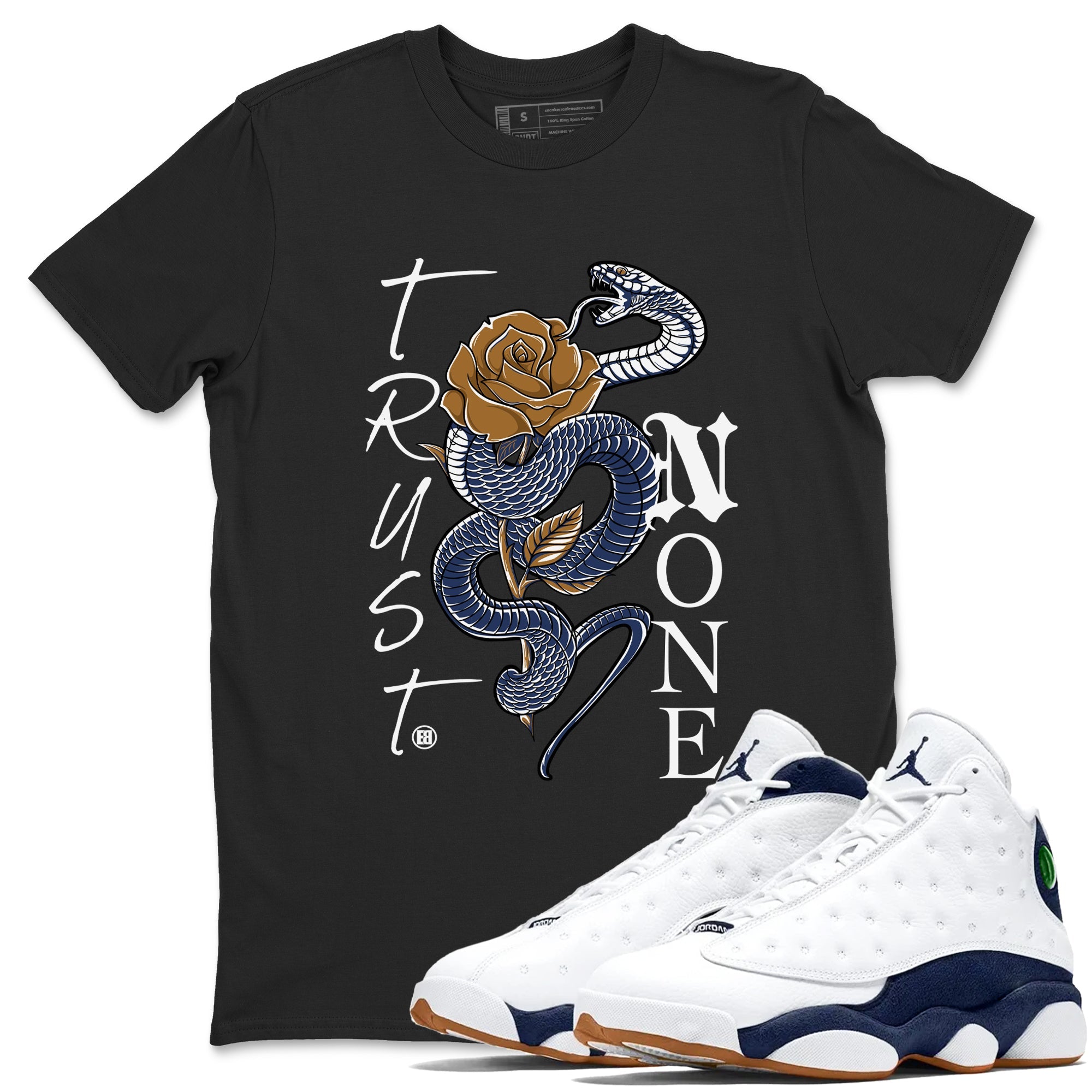 13s Midnight Navy shirts to match jordans Trust None sneaker match tees Air Jordan 13 Midnight Navy SNRT Sneaker Release Tees unisex cotton Black 1 crew neck shirts