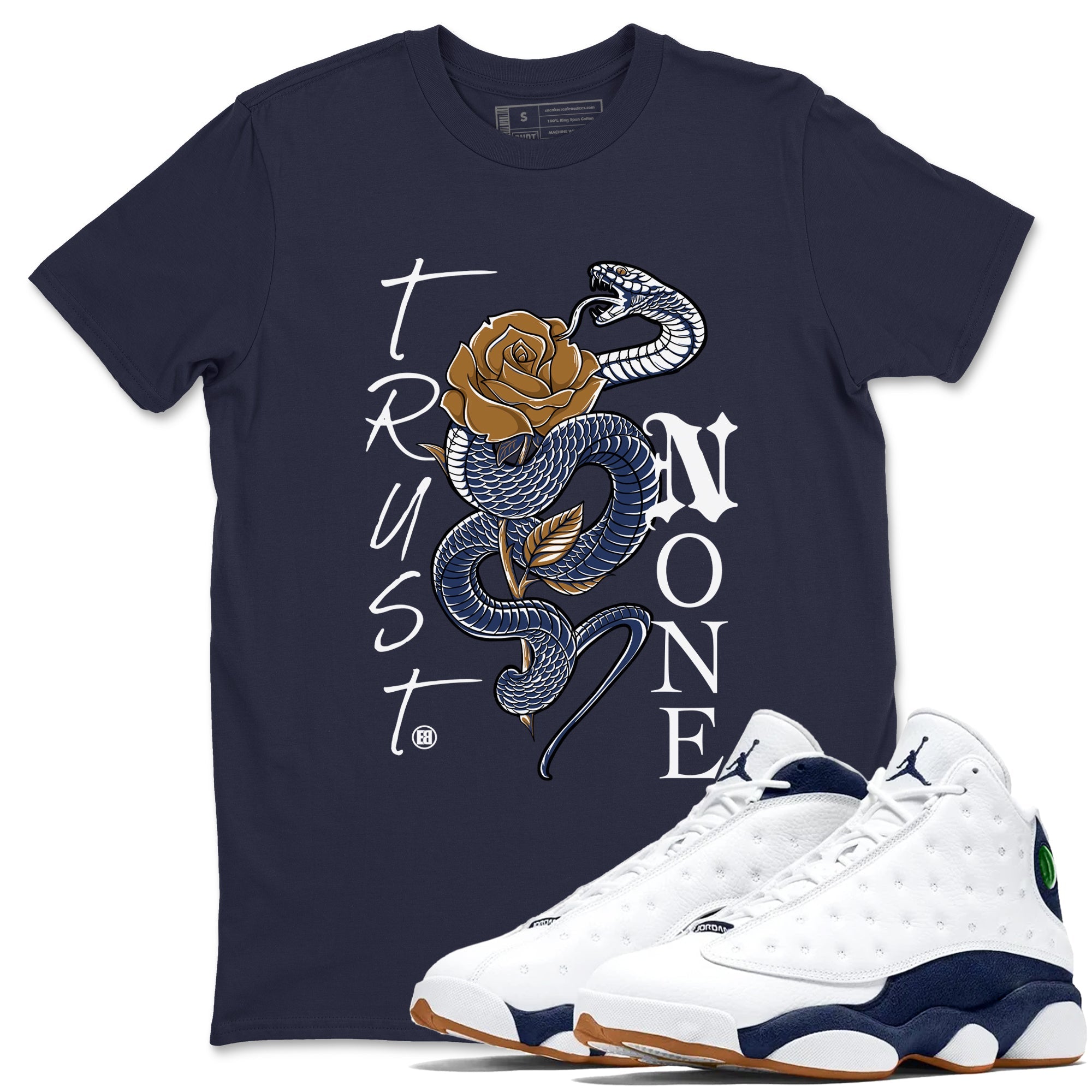 13s Midnight Navy shirts to match jordans Trust None sneaker match tees Air Jordan 13 Midnight Navy SNRT Sneaker Release Tees unisex cotton Navy 1 crew neck shirts