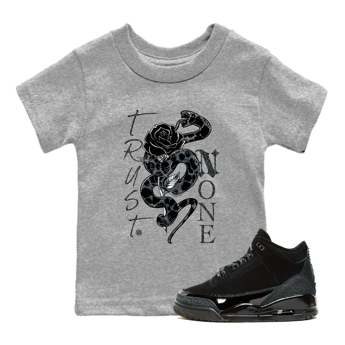 Air Jordan 3 Black Cat shirts to match jordans Trust None sneaker match tees Jordan 3 Retro Black Cat best t shirts to wear with jordans SNRT Sneaker Tees Youth Baby Heather Grey 1 tee
