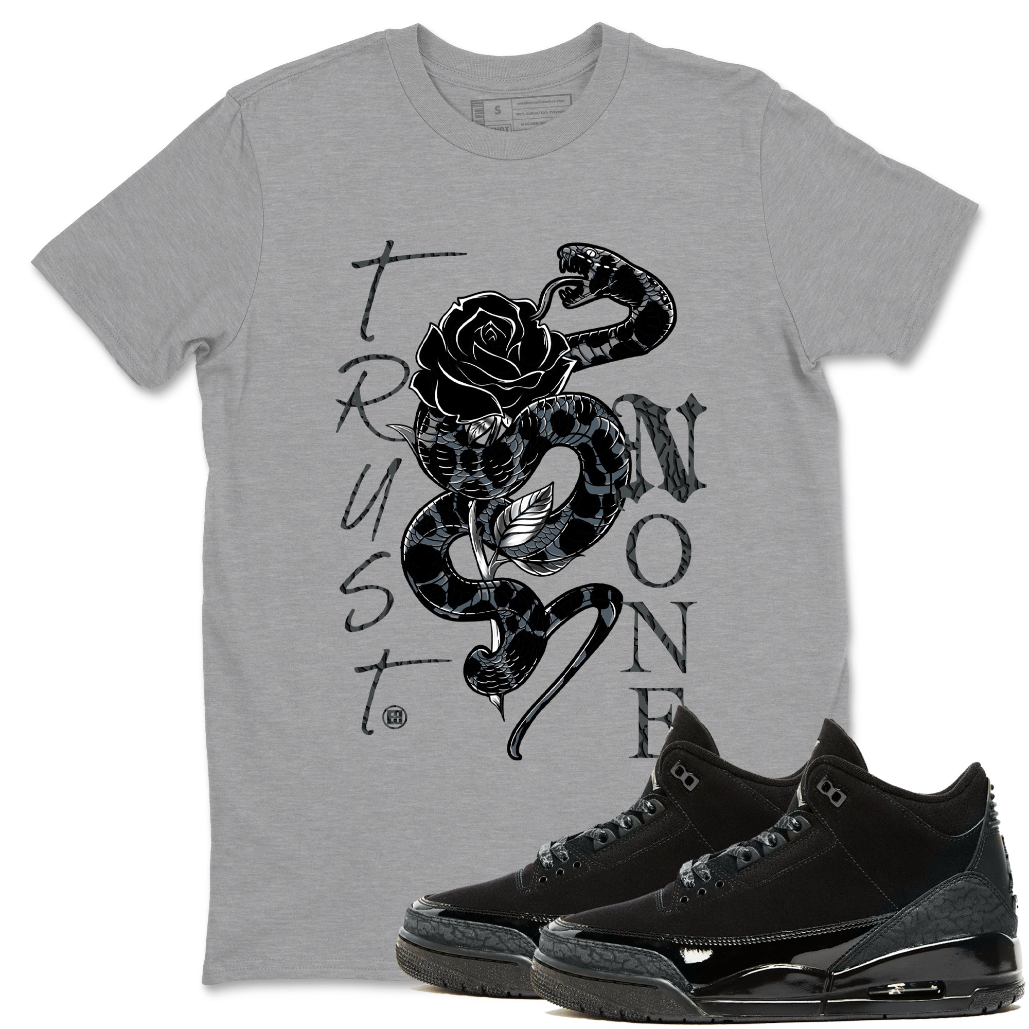 Air Jordan 3 Black Cat shirts to match jordans Trust None sneaker match tees Jordan 3 Retro Black Cat best t shirts to wear with jordans SNRT Sneaker Tees unisex cotton Heather Grey 1 shirts