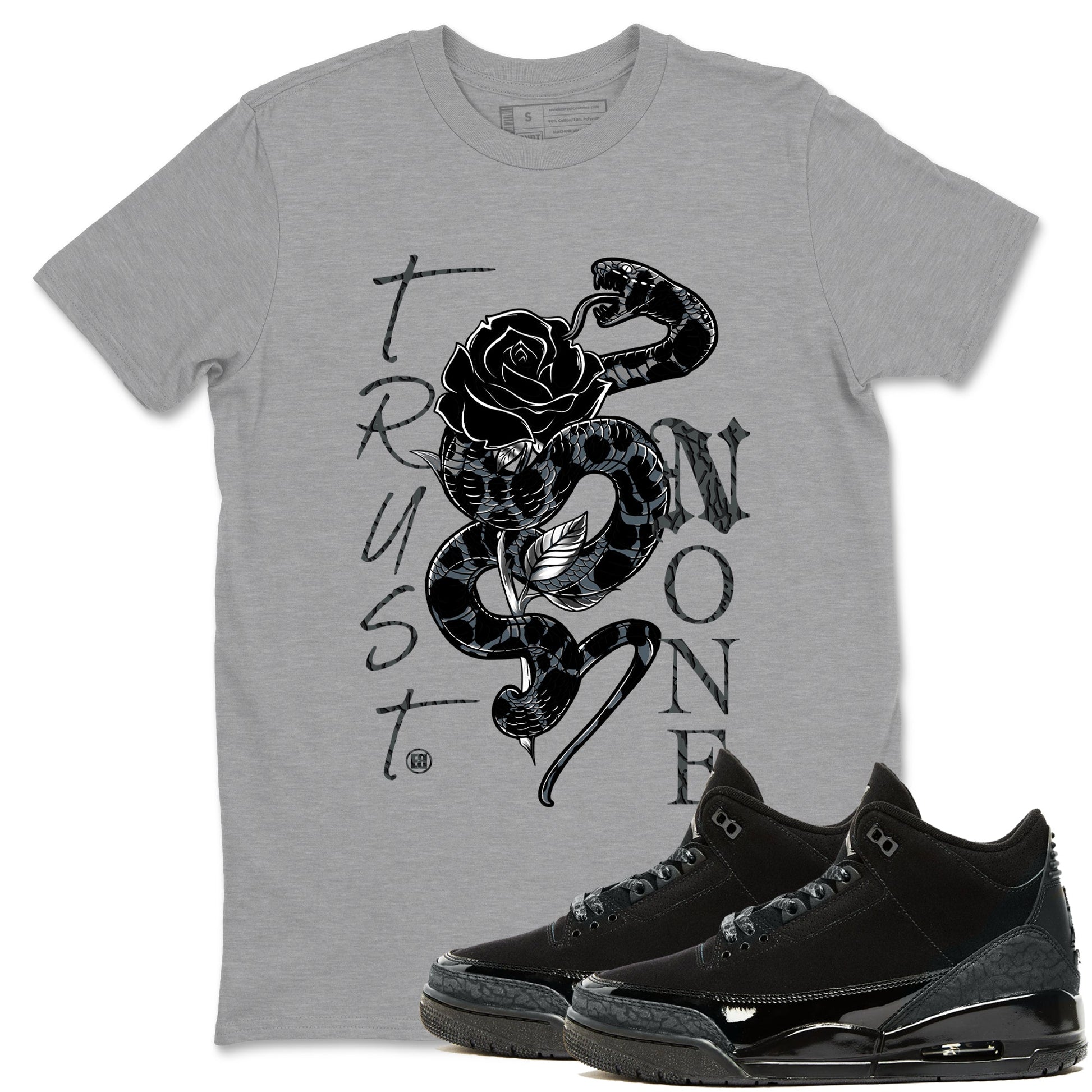Air Jordan 3 Black Cat shirts to match jordans Trust None sneaker match tees Jordan 3 Retro Black Cat best t shirts to wear with jordans SNRT Sneaker Tees unisex cotton Heather Grey 1 shirts