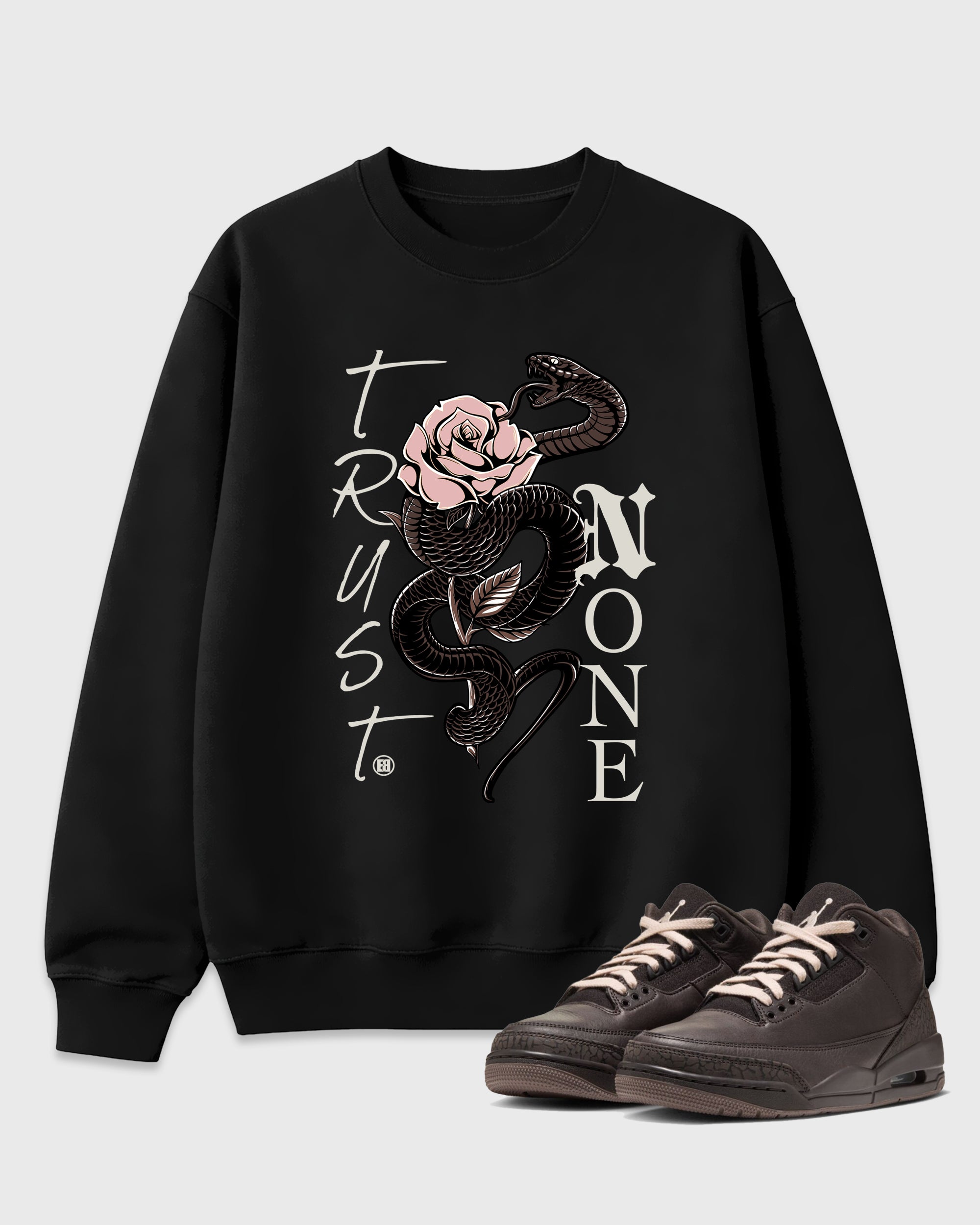 Trust None Graphic T-Shirt featuring original streetwear artwork designed to match the Air Jordan 3 Fireside. Black 1 Graphic Tee.