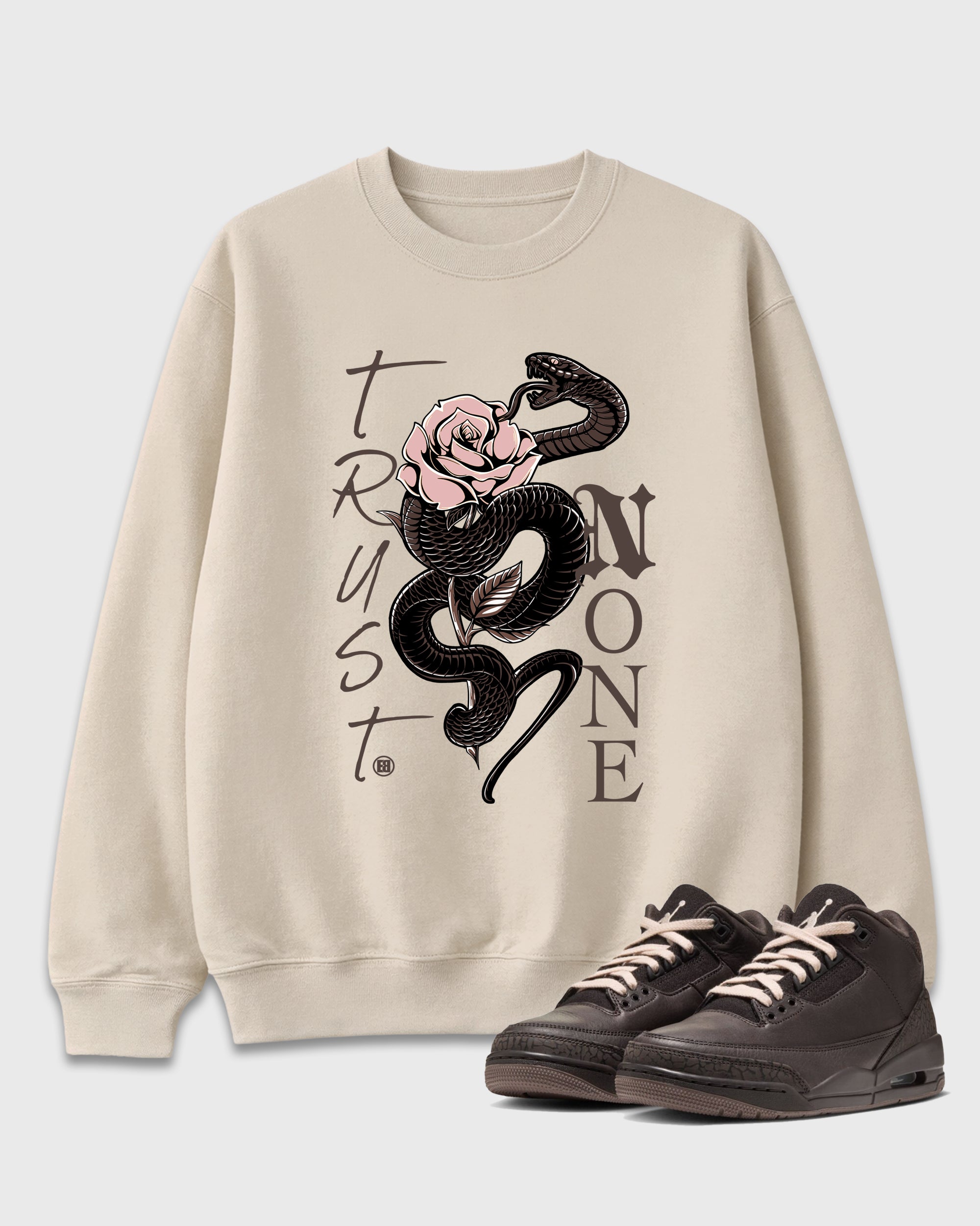Trust None Graphic T-Shirt featuring original streetwear artwork designed to match the Air Jordan 3 Fireside. Natural 1 Graphic Tee.