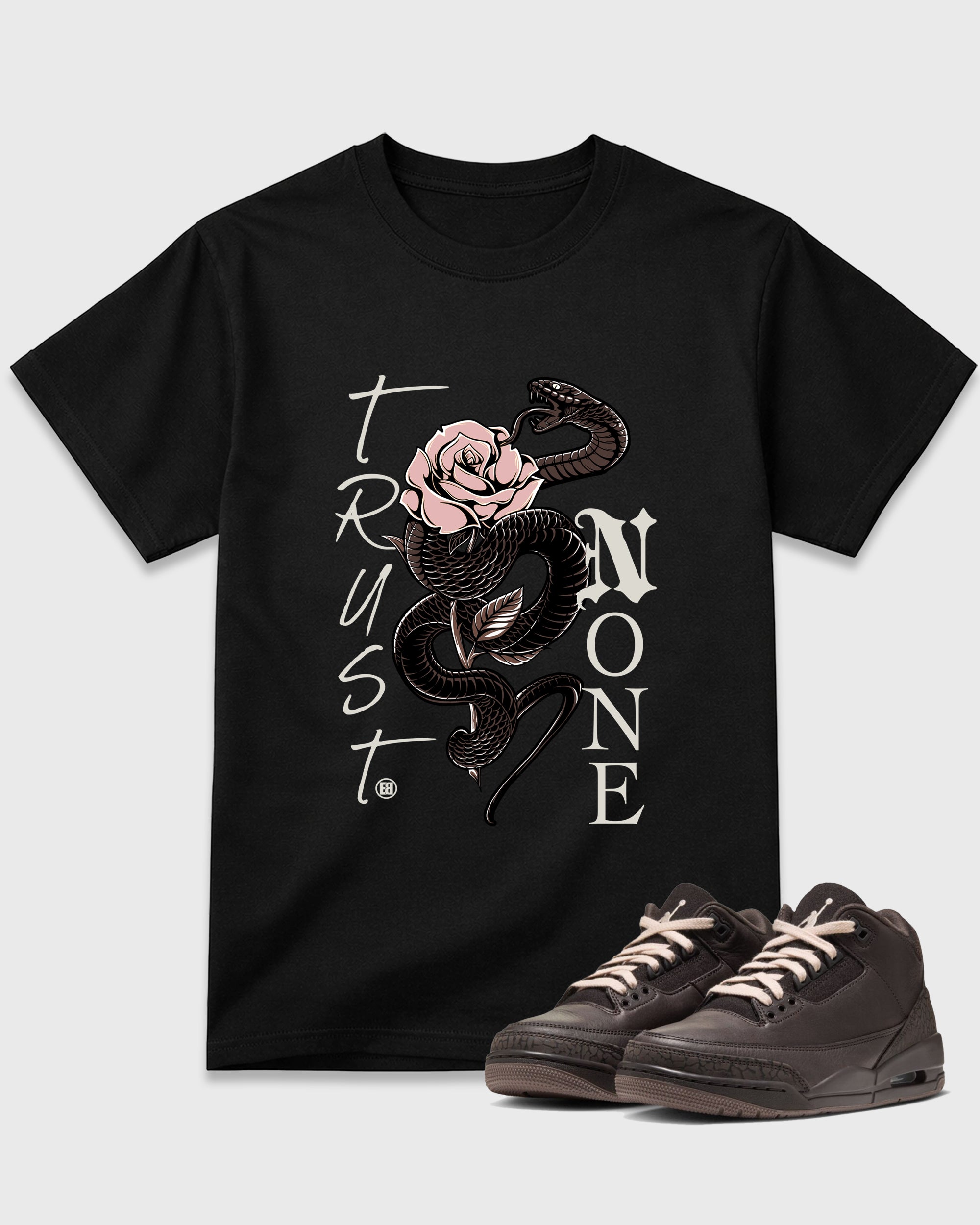 Trust None Graphic T-Shirt featuring original streetwear artwork designed to match the Air Jordan 3 Fireside. Black 1 Graphic T-Shirt.