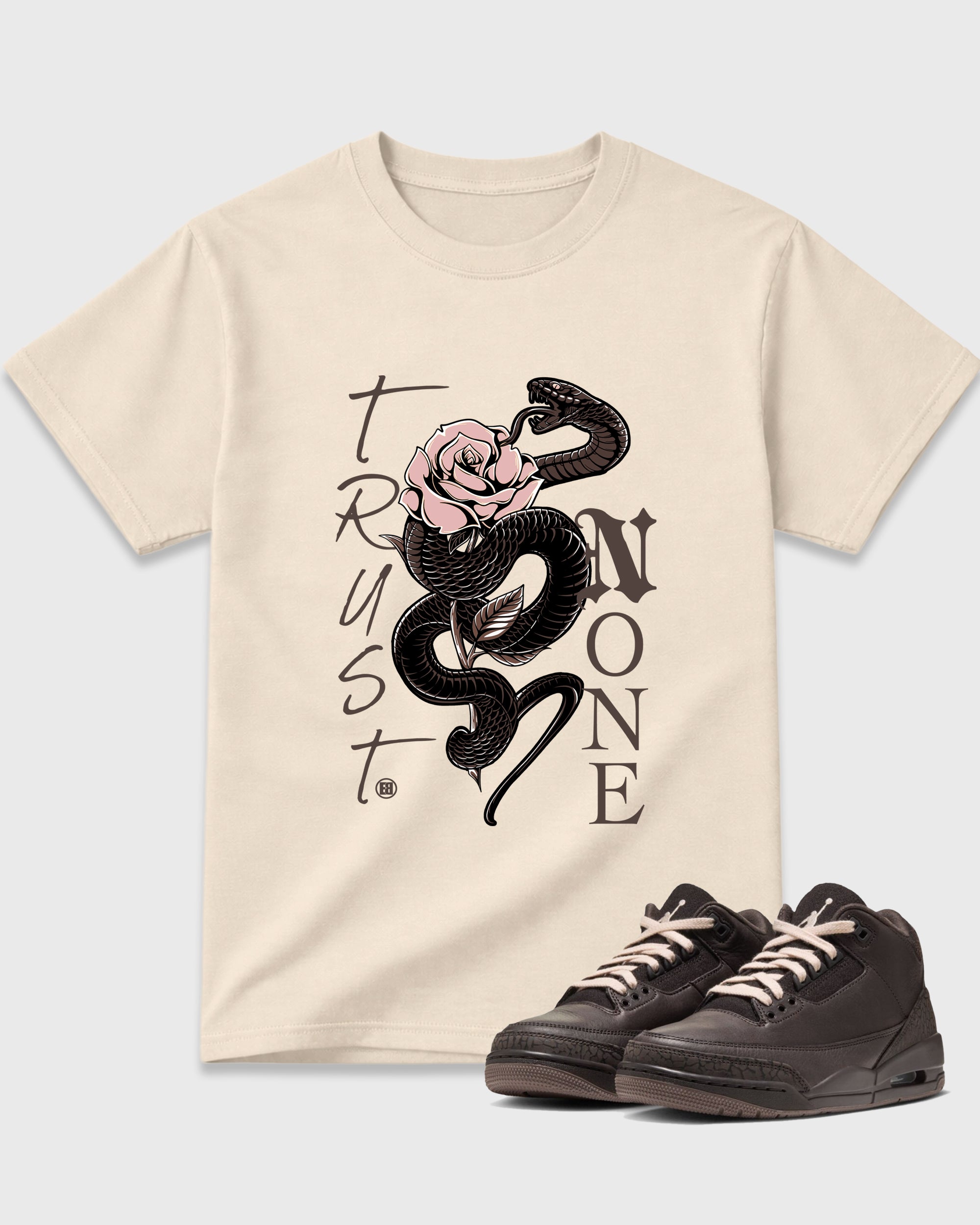 Trust None Graphic T-Shirt featuring original streetwear artwork designed to match the Air Jordan 3 Fireside. Natural 1 Graphic T-Shirt.