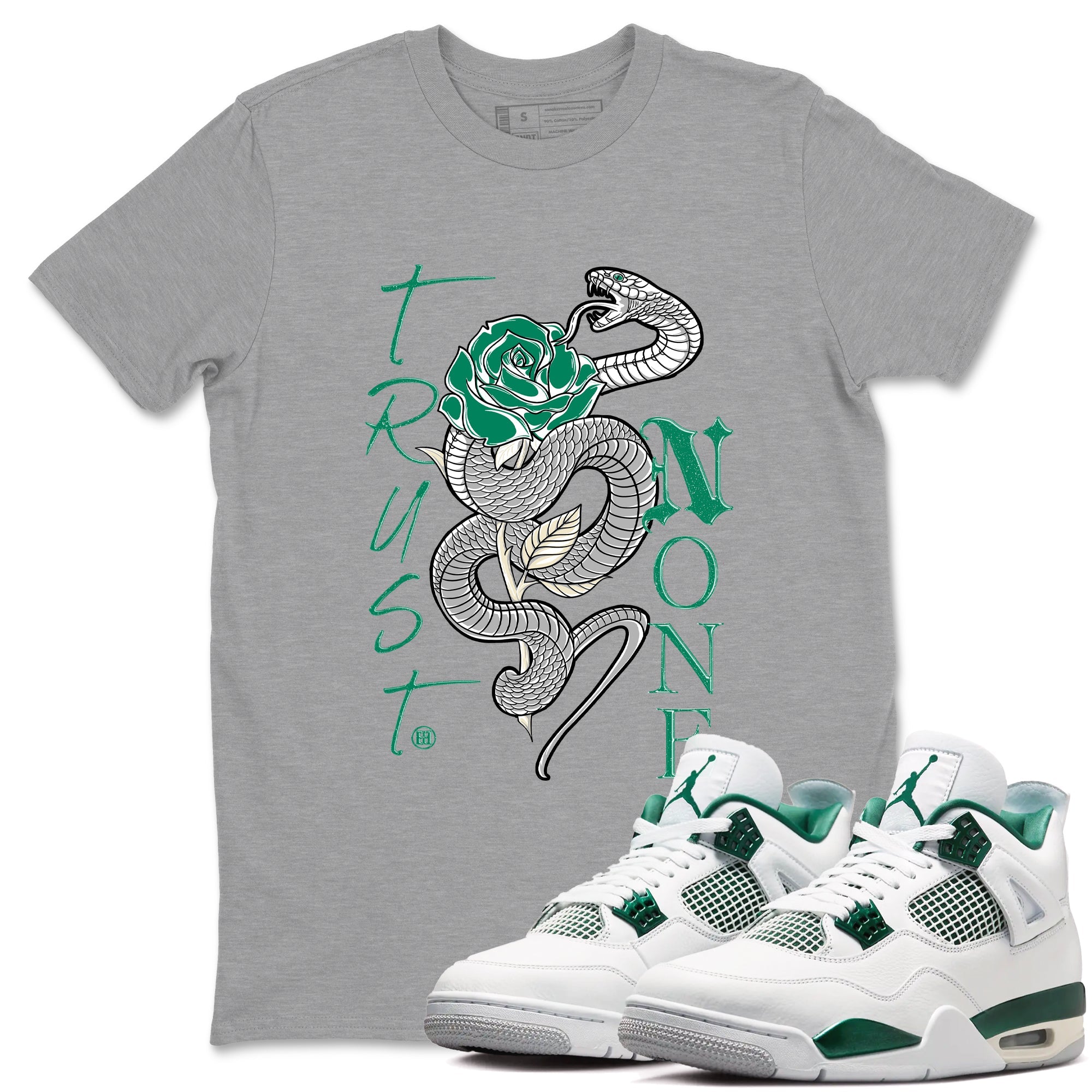 4s Oxidized Green shirts to match jordans Trust None sneaker match tees Air Jordan 4 Oxidized Green SNRT Sneaker Tees streetwear brand Heather Grey 1 unisex cotton tee