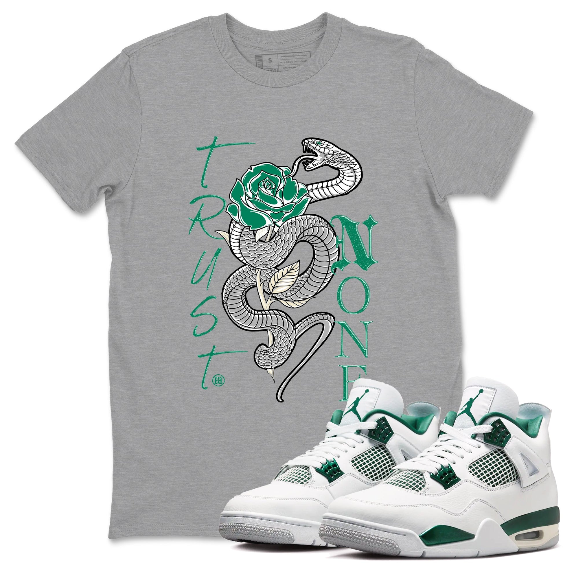4s Oxidized Green shirts to match jordans Trust None sneaker match tees Air Jordan 4 Oxidized Green SNRT Sneaker Tees streetwear brand Heather Grey 1 unisex cotton tee
