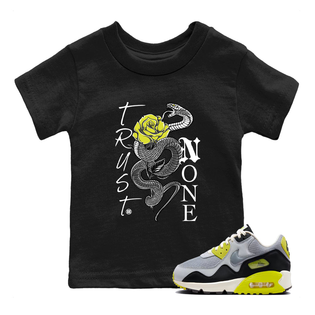 Trust None baby and kids t-shirt crafted for little sneakerheads to shine with the Air Max 90 Cyber sneakers, displayed in Black 1.