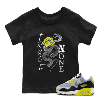Trust None baby and kids t-shirt crafted for little sneakerheads to shine with the Air Max 90 Cyber sneakers, displayed in Black 1.