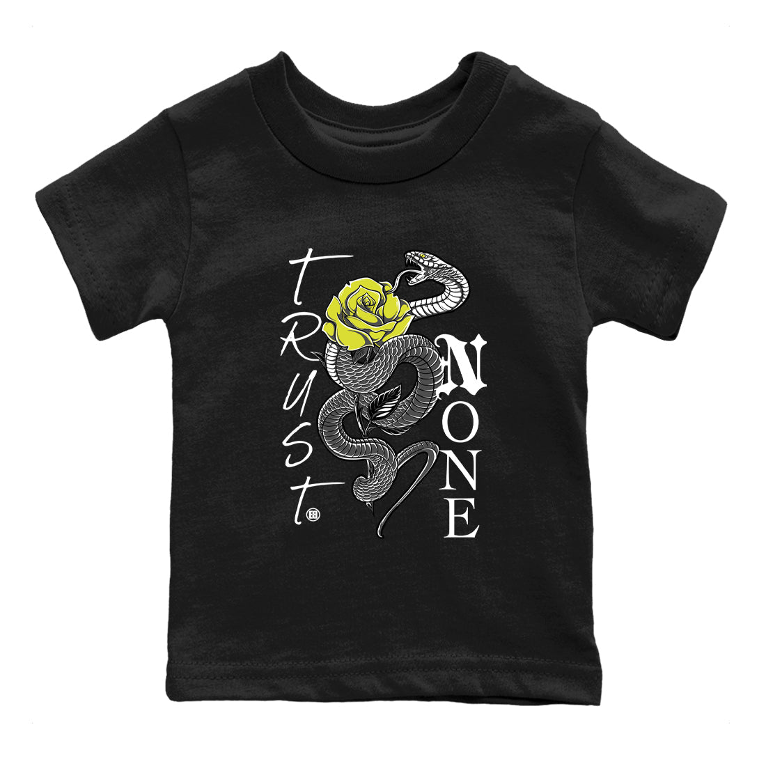 Trust None baby and kids t-shirt crafted for little sneakerheads to shine with the Air Max 90 Cyber sneakers, displayed in Black 2.