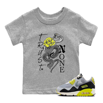 Trust None baby and kids t-shirt crafted for little sneakerheads to shine with the Air Max 90 Cyber sneakers, displayed in Heather Grey 1.