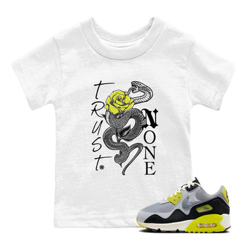 Trust None baby and kids t-shirt crafted for little sneakerheads to shine with the Air Max 90 Cyber sneakers, displayed in White 1.