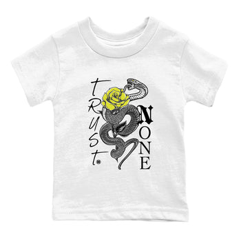 Trust None baby and kids t-shirt crafted for little sneakerheads to shine with the Air Max 90 Cyber sneakers, displayed in White 2.