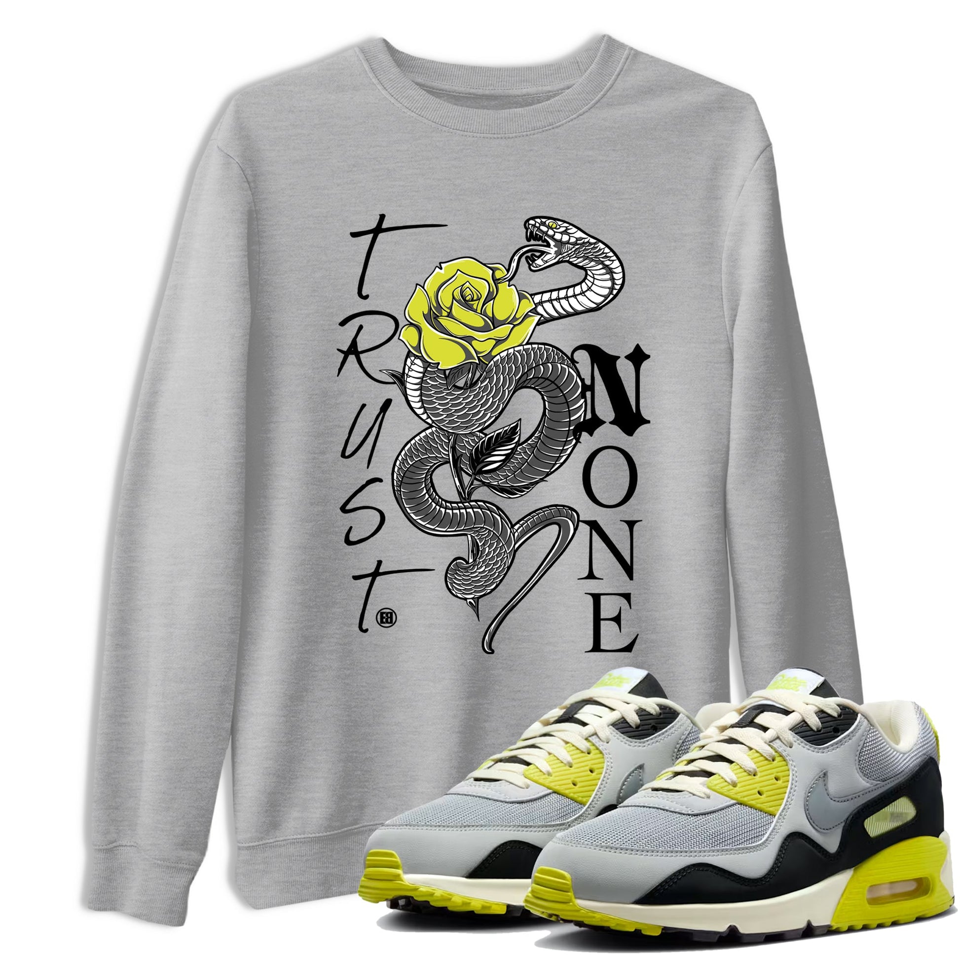 Trust None sneaker match t-shirt styled to complete your fit with the Air Max 90 Cyber sneakers, shown in Heather Grey 1.