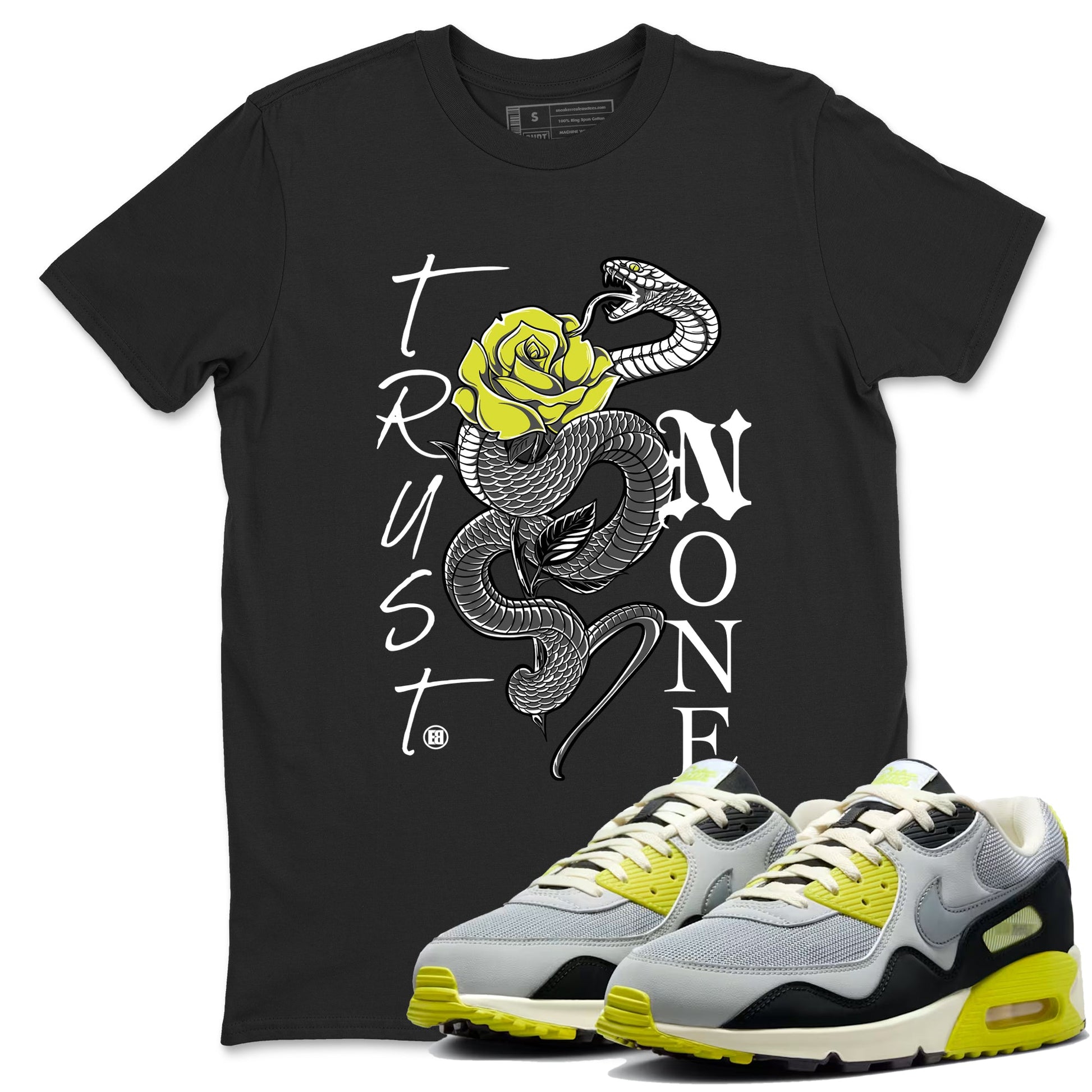 Trust None sneaker match t-shirt styled to complete your fit with the Air Max 90 Cyber sneakers, shown in Black 1.