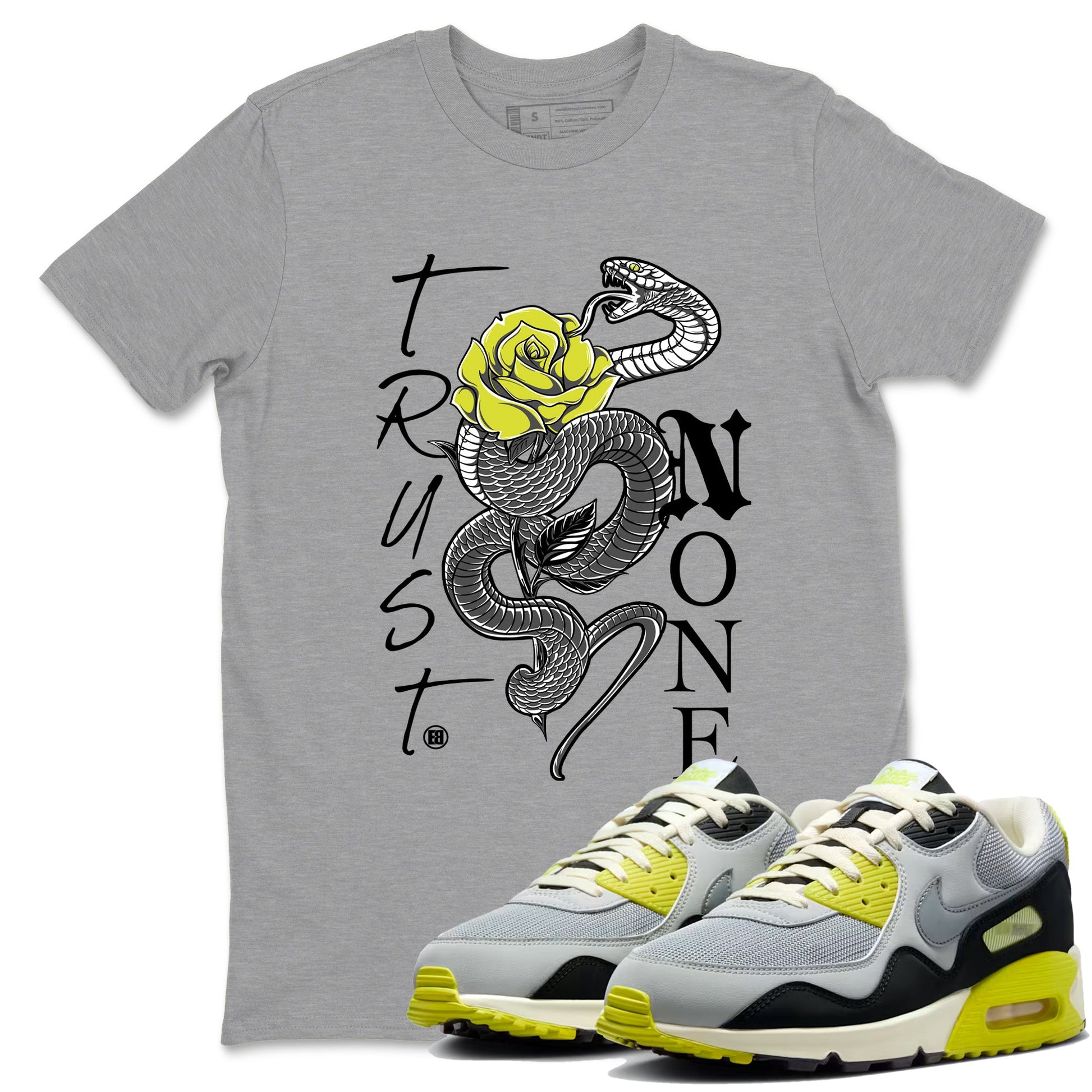 Trust None sneaker match t-shirt styled to complete your fit with the Air Max 90 Cyber sneakers, shown in Heather Grey 1.