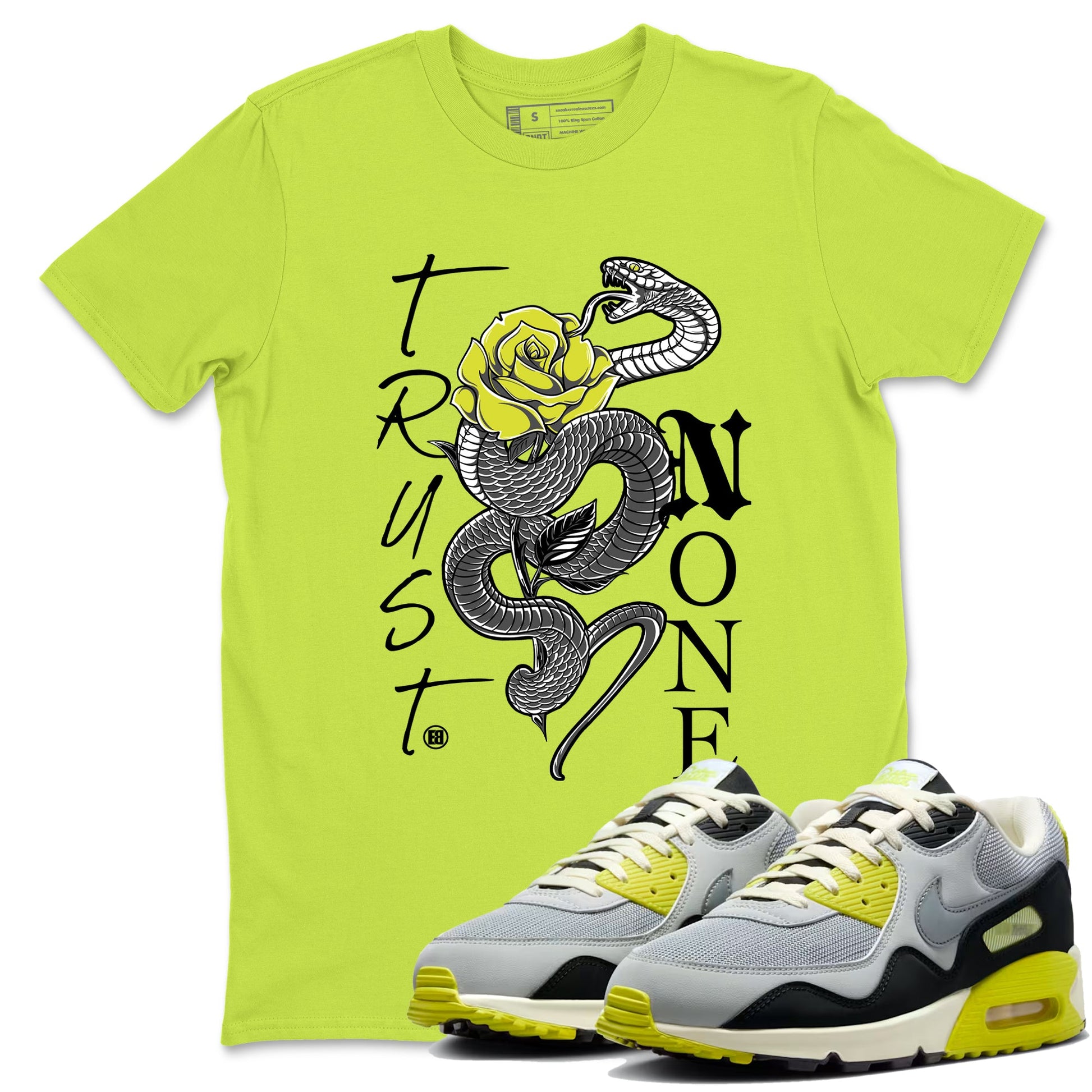Trust None sneaker match t-shirt styled to complete your fit with the Air Max 90 Cyber sneakers, shown in Safety Green 1.