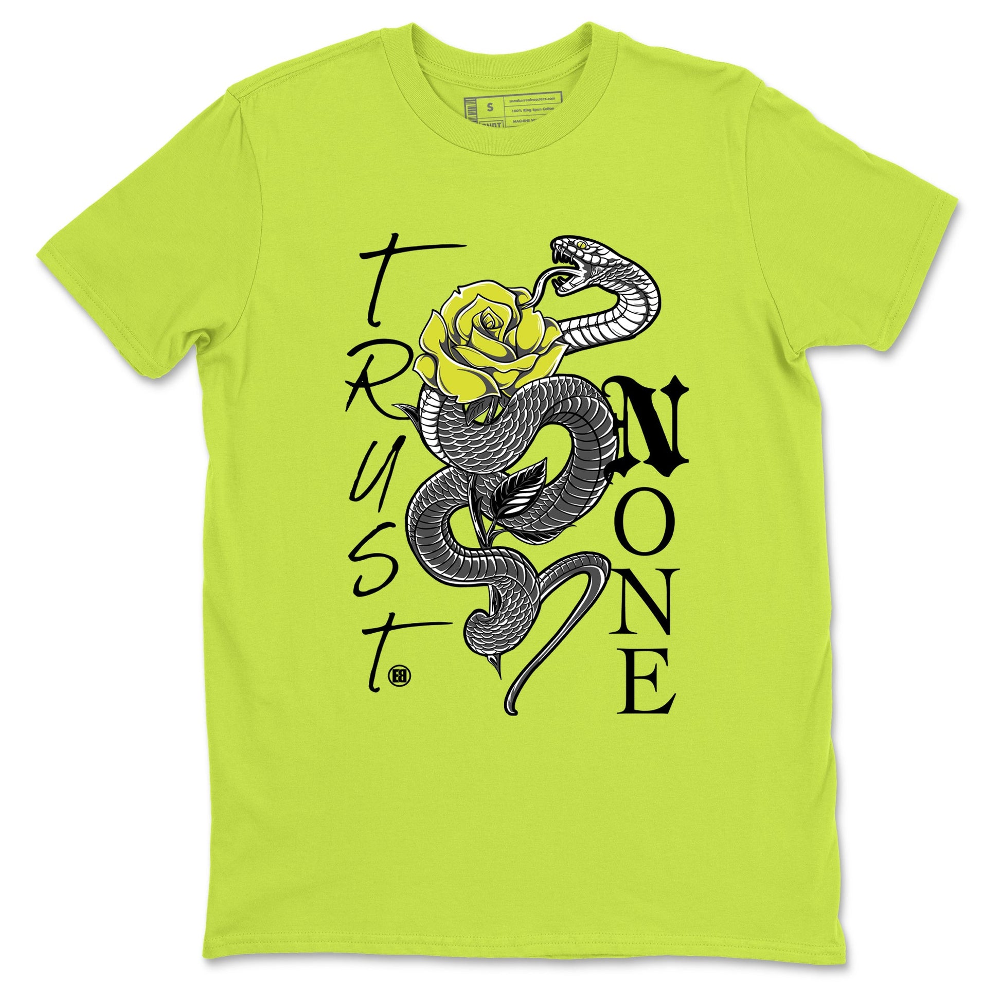 Trust None sneaker match t-shirt styled to complete your fit with the Air Max 90 Cyber sneakers, shown in Safety Green 2.