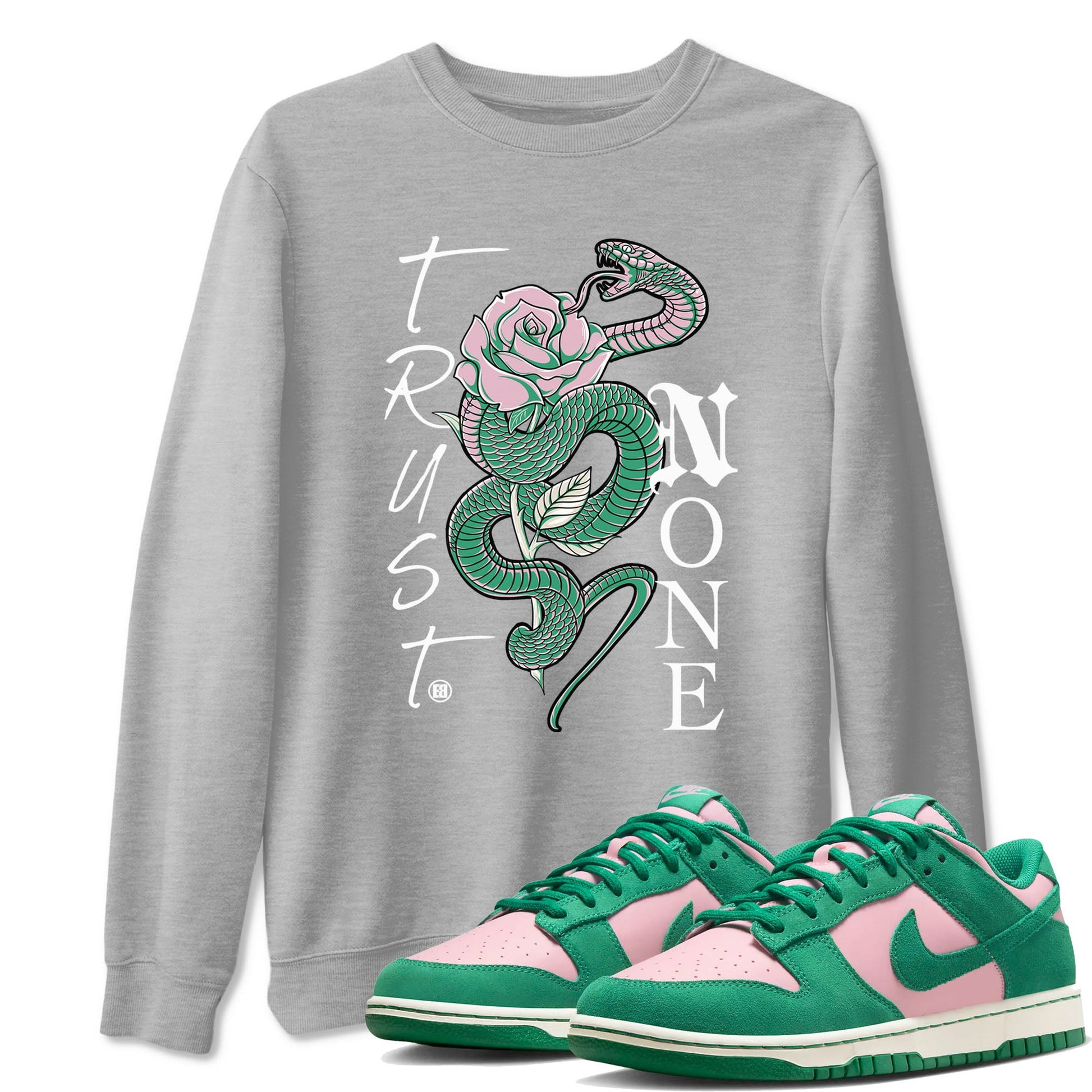Dunk Low Medium Soft Pink Malachite shirt to match jordans Trust None sneaker tees Dunks Medium Soft Pink Malachite Streetwear Brand SNRT Sneaker Release Tees unisex cotton Heather Grey 1 crew neck shirt
