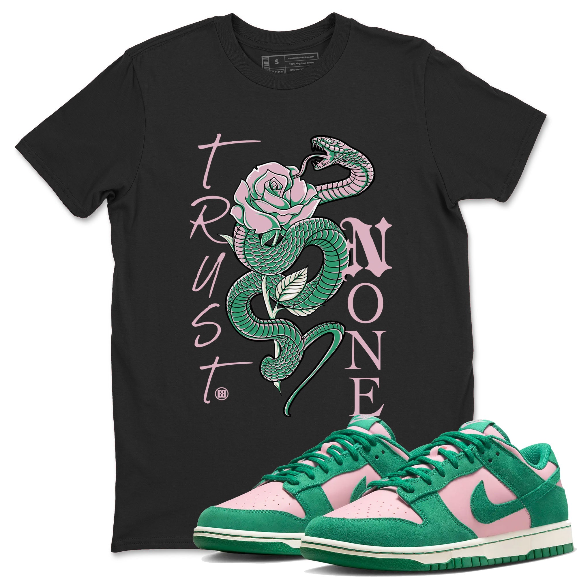Dunk Low Medium Soft Pink Malachite shirt to match jordans Trust None sneaker tees Dunks Medium Soft Pink Malachite Streetwear Brand SNRT Sneaker Release Tees unisex cotton Black 1 crew neck shirt
