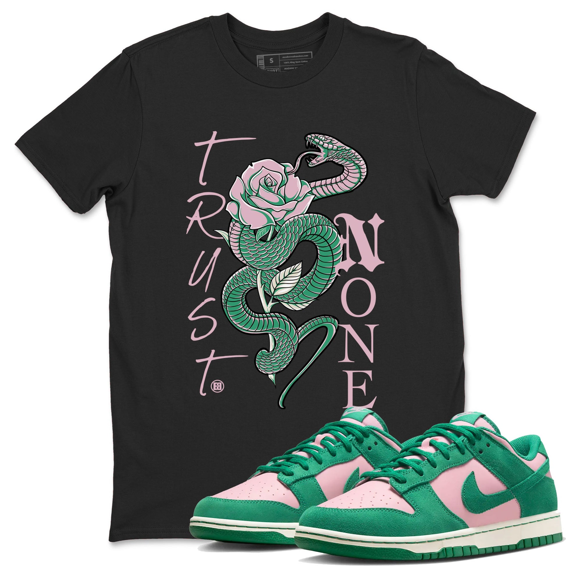 Dunk Low Medium Soft Pink Malachite shirt to match jordans Trust None sneaker tees Dunks Medium Soft Pink Malachite Streetwear Brand SNRT Sneaker Release Tees unisex cotton Black 1 crew neck shirt