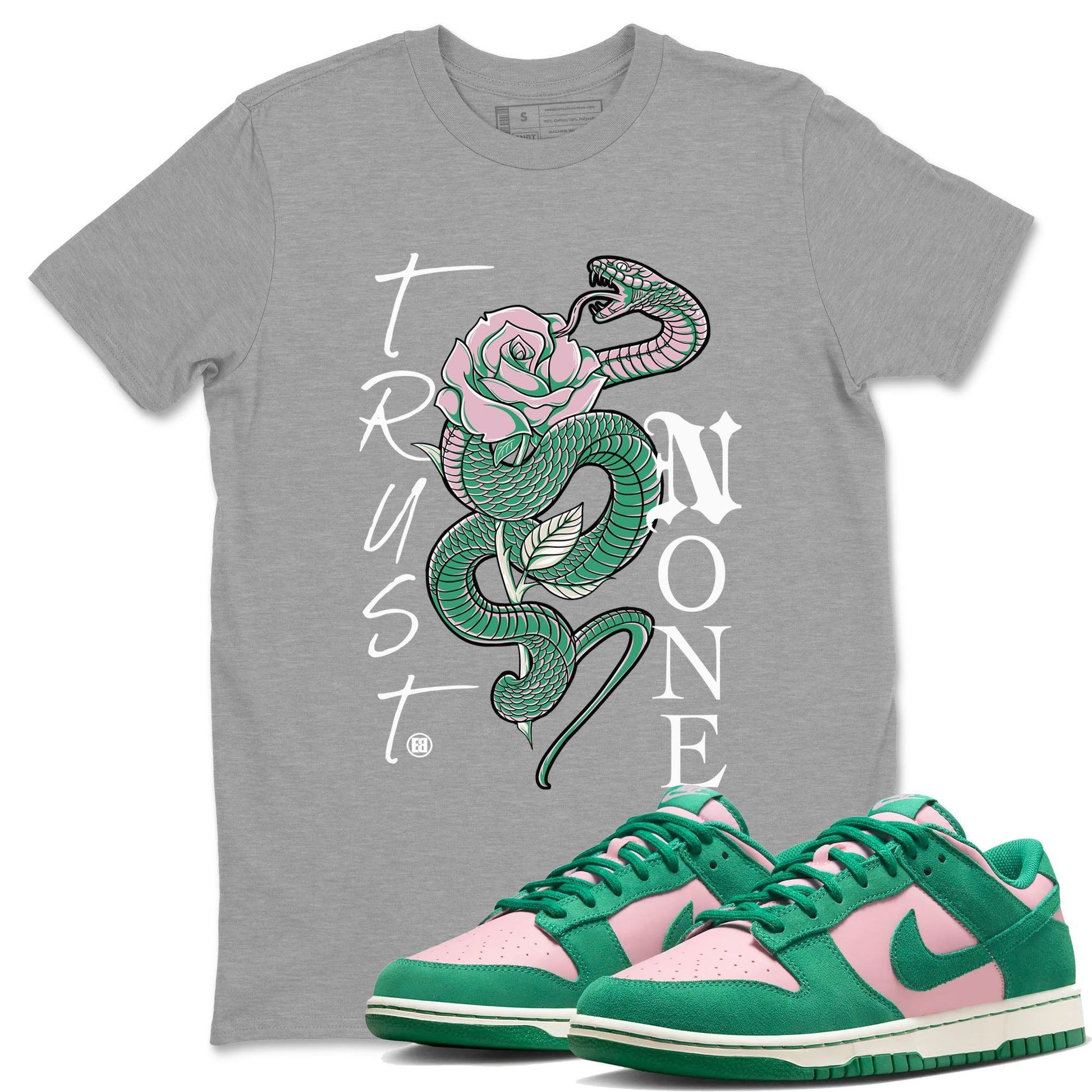 Dunk Low Medium Soft Pink Malachite shirt to match jordans Trust None sneaker tees Dunks Medium Soft Pink Malachite Streetwear Brand SNRT Sneaker Release Tees unisex cotton Heather Grey 1 crew neck shirt
