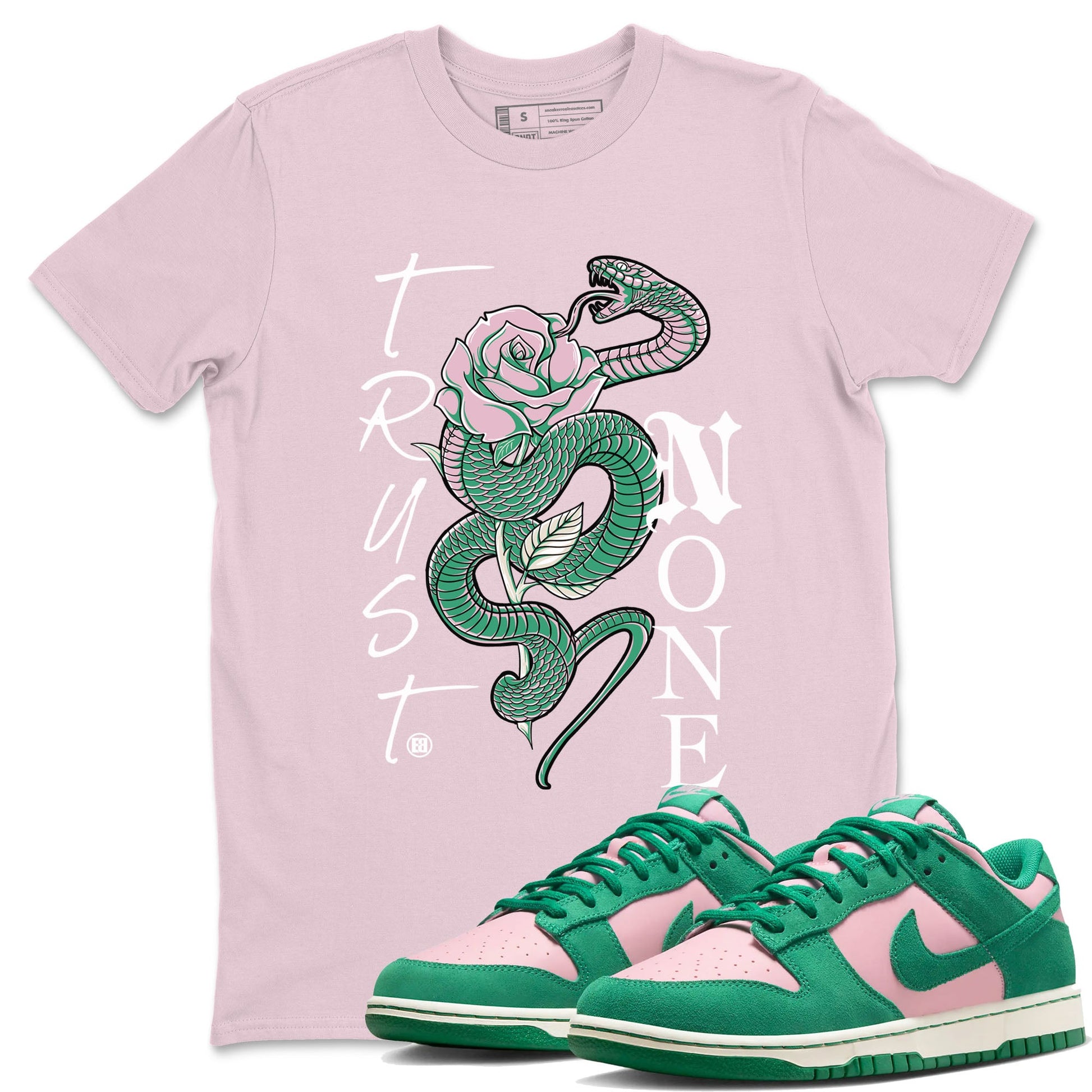Dunk Low Medium Soft Pink Malachite shirt to match jordans Trust None sneaker tees Dunks Medium Soft Pink Malachite Streetwear Brand SNRT Sneaker Release Tees unisex cotton Pink 1 crew neck shirt
