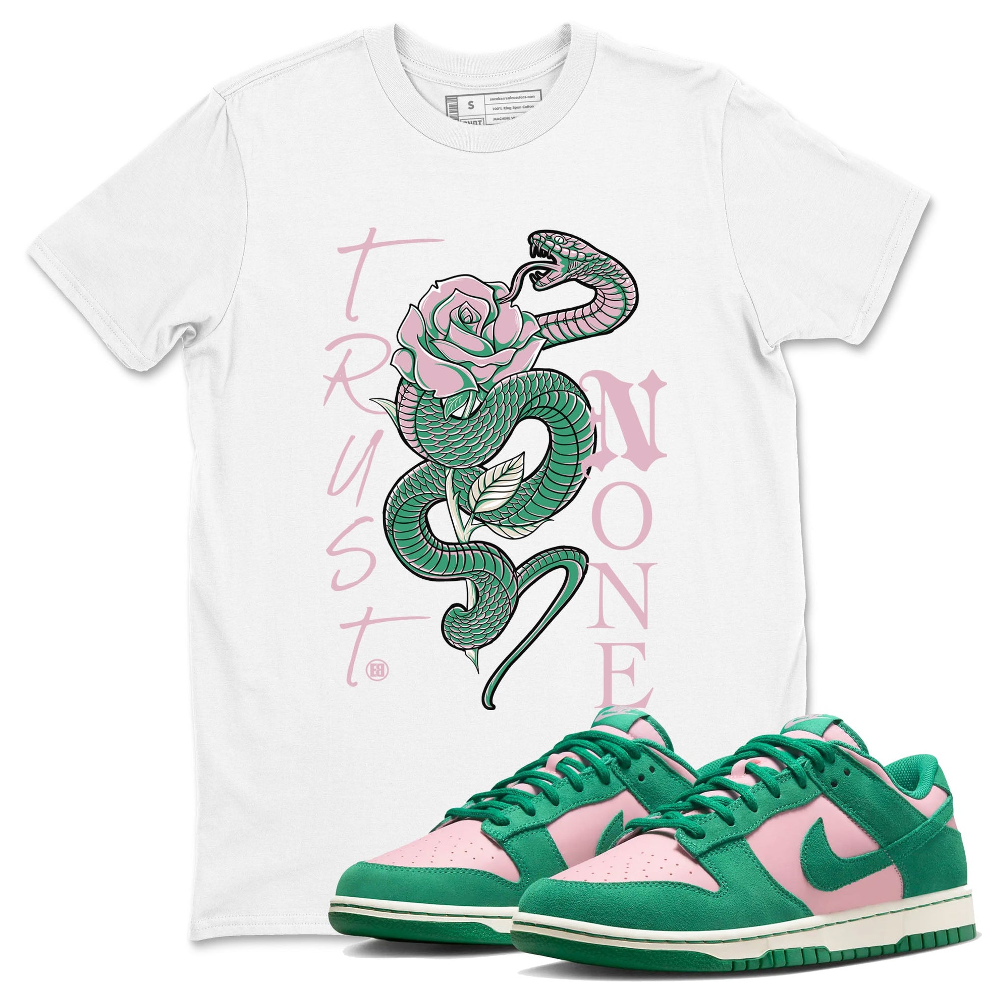 Dunk Low Medium Soft Pink Malachite shirt to match jordans Trust None sneaker tees Dunks Medium Soft Pink Malachite Streetwear Brand SNRT Sneaker Release Tees unisex cotton White 1 crew neck shirt