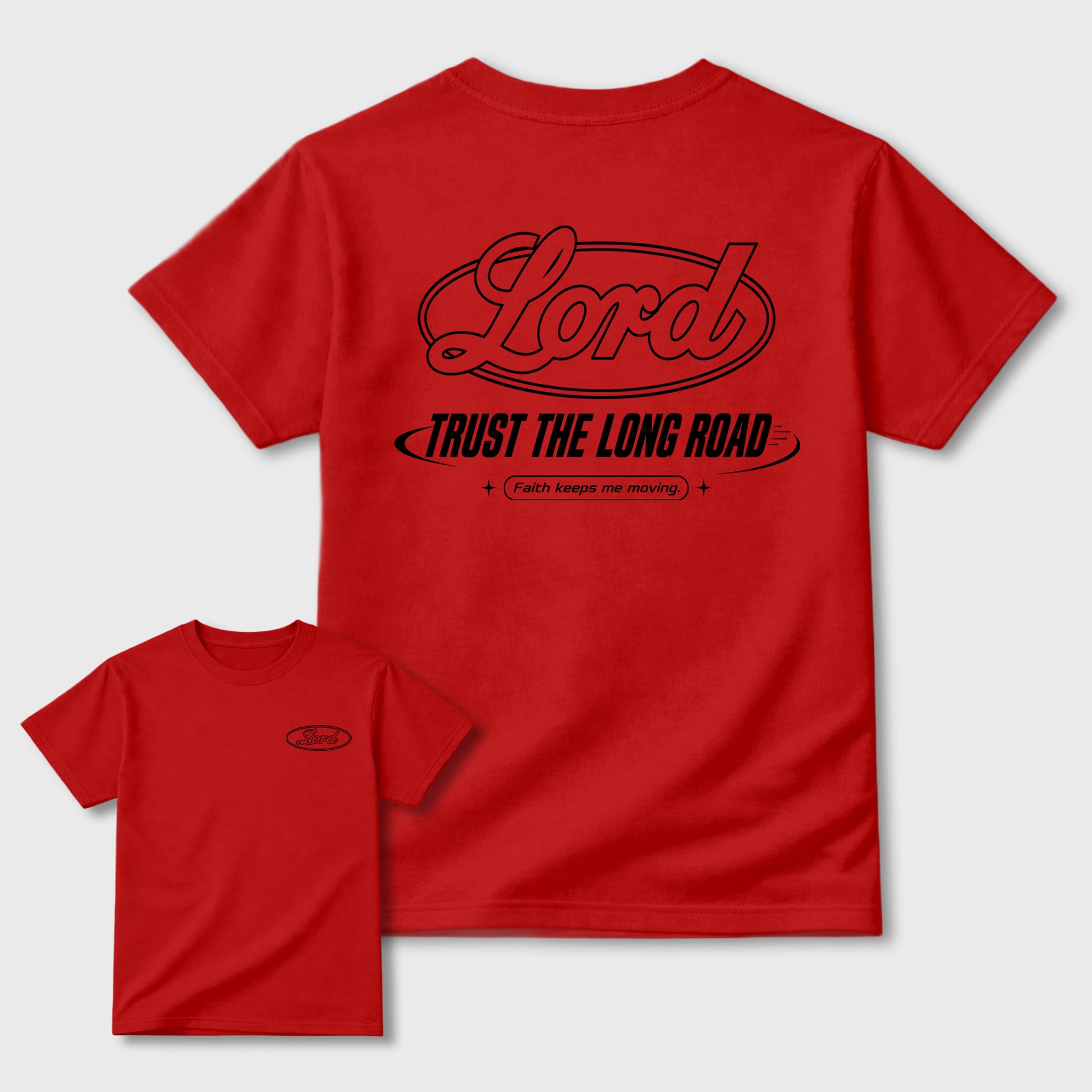 Trust the long Road double side graphic tee styled to complete your fit with the 12s Bloodline shown in Red.