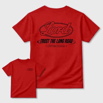 Trust the long Road double side graphic tee styled to complete your fit with the 12s Bloodline shown in Red.