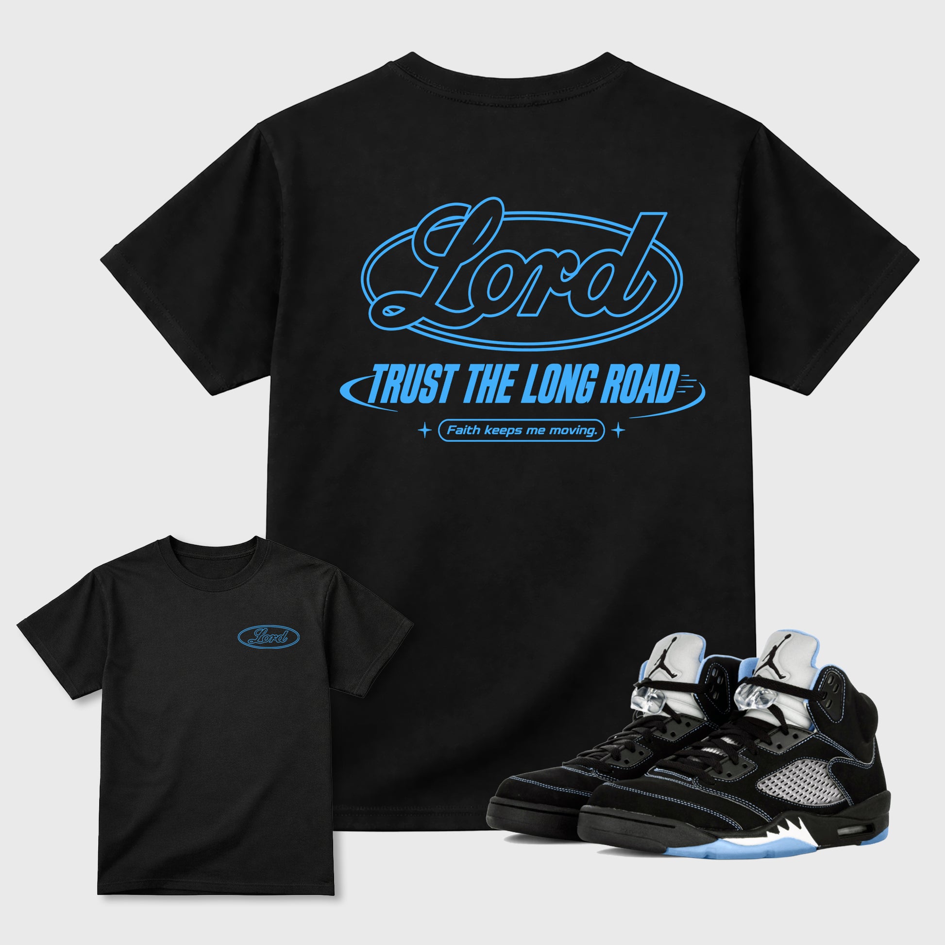 Trust the long Road double side graphic tee styled to complete your fit with the Air Jordan 5 Black University Blue sneakers, shown in Black.