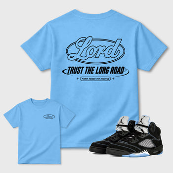 Trust the long Road double side graphic tee styled to complete your fit with the 5s Black UNC shown in Carolina Blue.