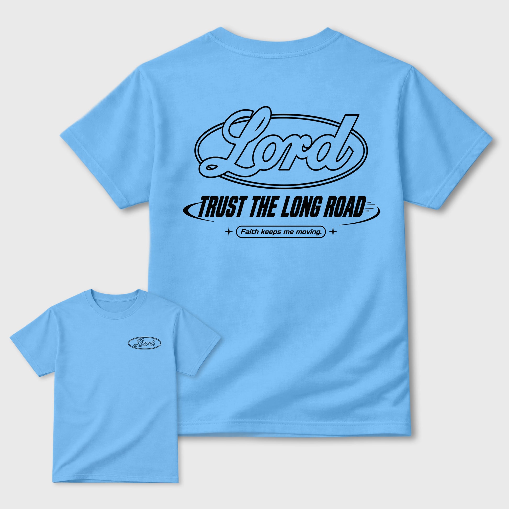 Trust the long Road double side graphic tee styled to complete your fit with the 5s Black UNC shown in Carolina Blue.