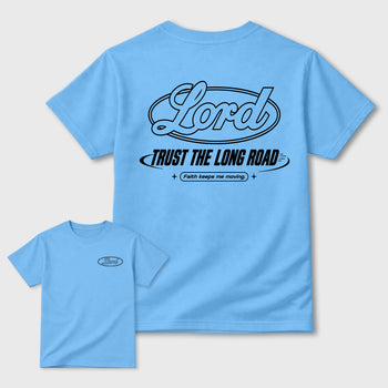 Trust the long Road double side graphic tee styled to complete your fit with the 5s Black UNC shown in Carolina Blue.