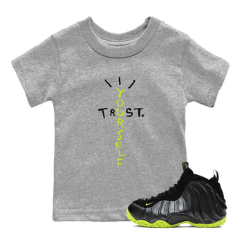 Foams One Black Volt best t shirts to wear with jordans Trust Yourself sneaker match tees Air Foamposite One Black Volt match shoes to clothes SNRT Sneaker Tees Youth Baby Heather Grey 1 tee