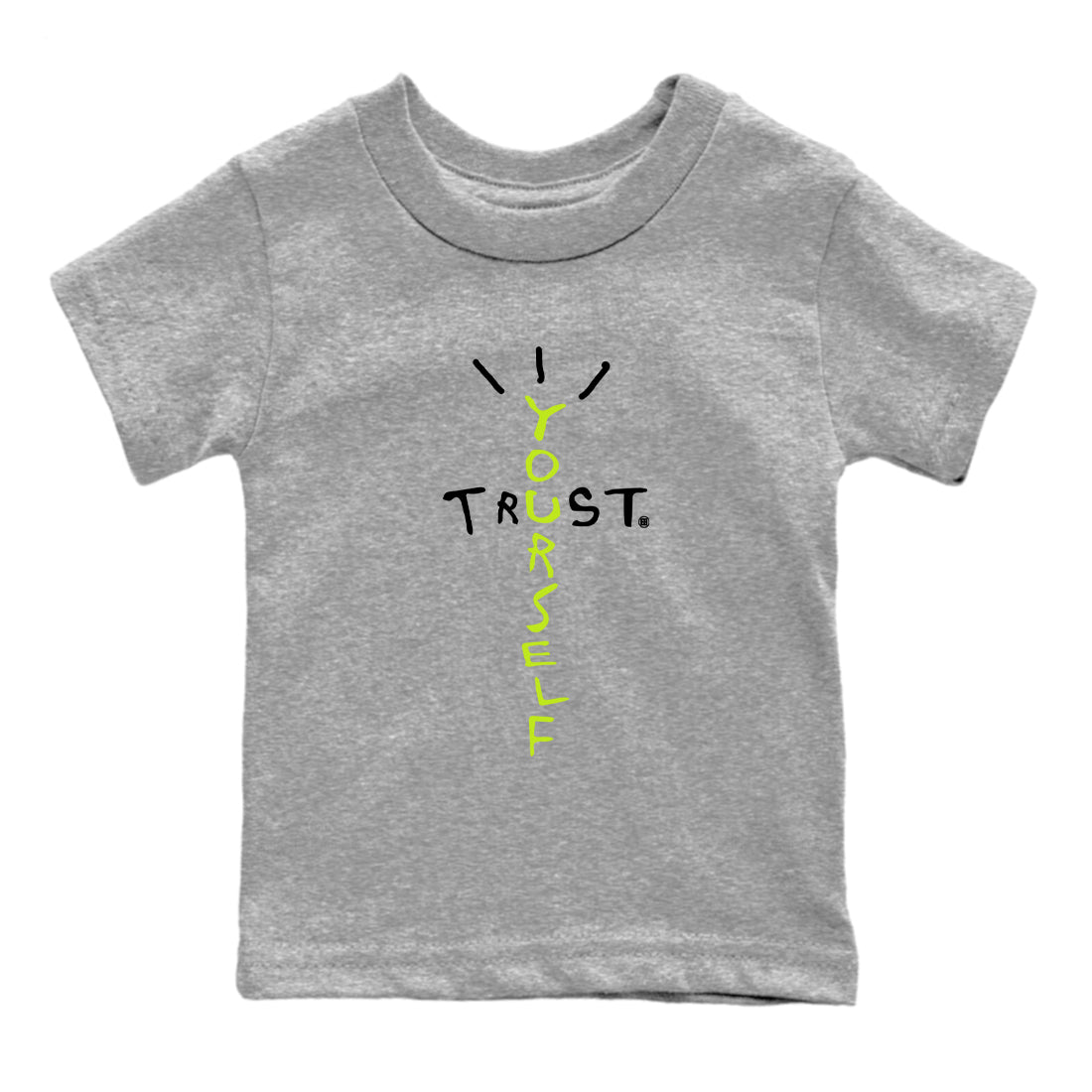 Foams One Black Volt best t shirts to wear with jordans Trust Yourself sneaker match tees Air Foamposite One Black Volt match shoes to clothes SNRT Sneaker Tees Youth Baby Heather Grey 2 tee