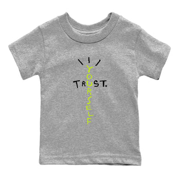 Foams One Black Volt best t shirts to wear with jordans Trust Yourself sneaker match tees Air Foamposite One Black Volt match shoes to clothes SNRT Sneaker Tees Youth Baby Heather Grey 2 tee