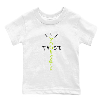 Foams One Black Volt best t shirts to wear with jordans Trust Yourself sneaker match tees Air Foamposite One Black Volt match shoes to clothes SNRT Sneaker Tees Youth Baby White 2 tee