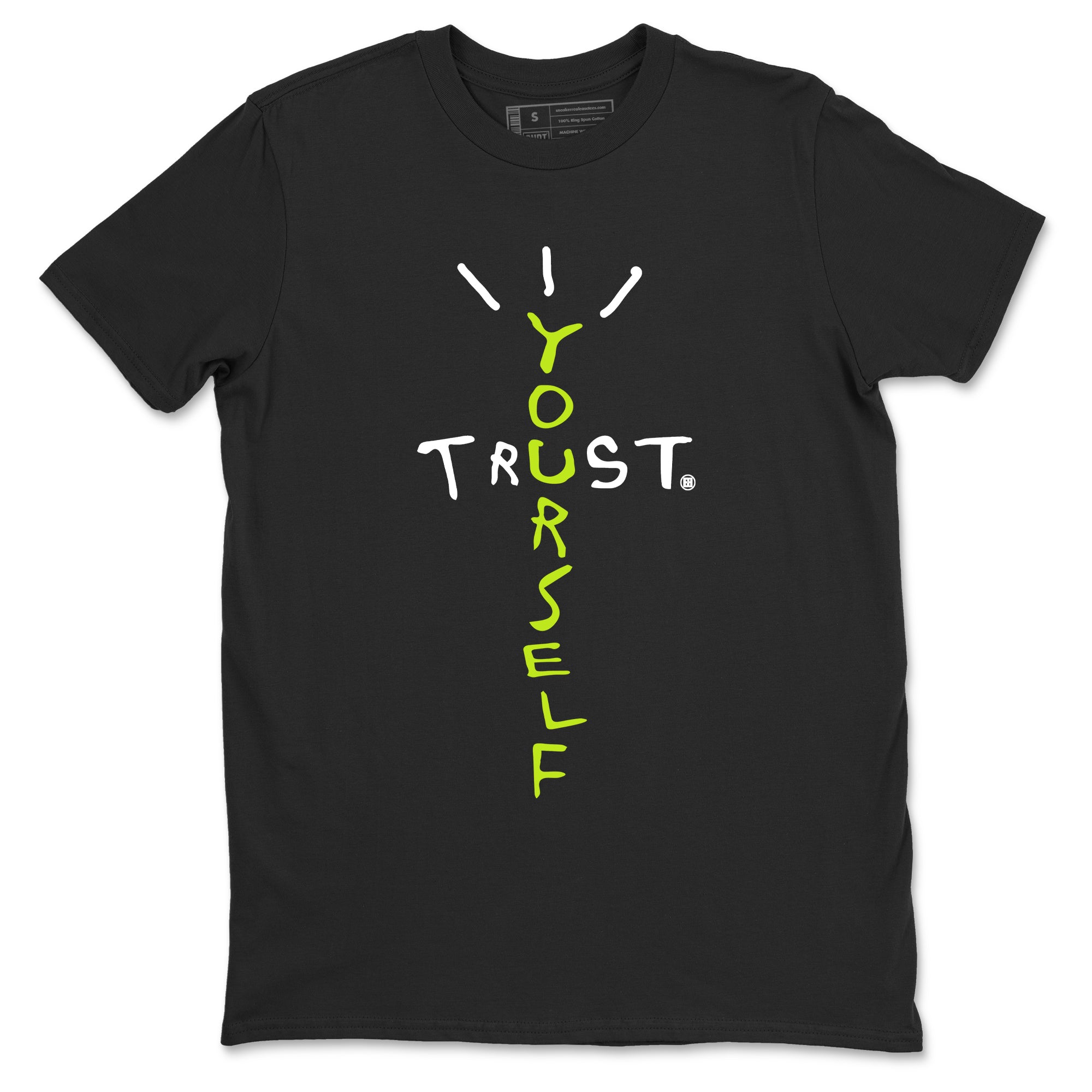 Foams One Black Volt best t shirts to wear with jordans Trust Yourself sneaker match tees Air Foamposite One Black Volt match shoes to clothes SNRT Sneaker Tees unisex cotton Black 2 shirts